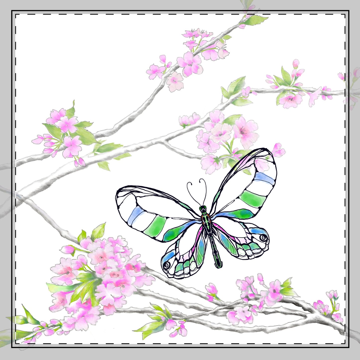 Butterfly Blossom Romp Cotton Twill Napkin, Green, Fabric Background Creamy White, #7