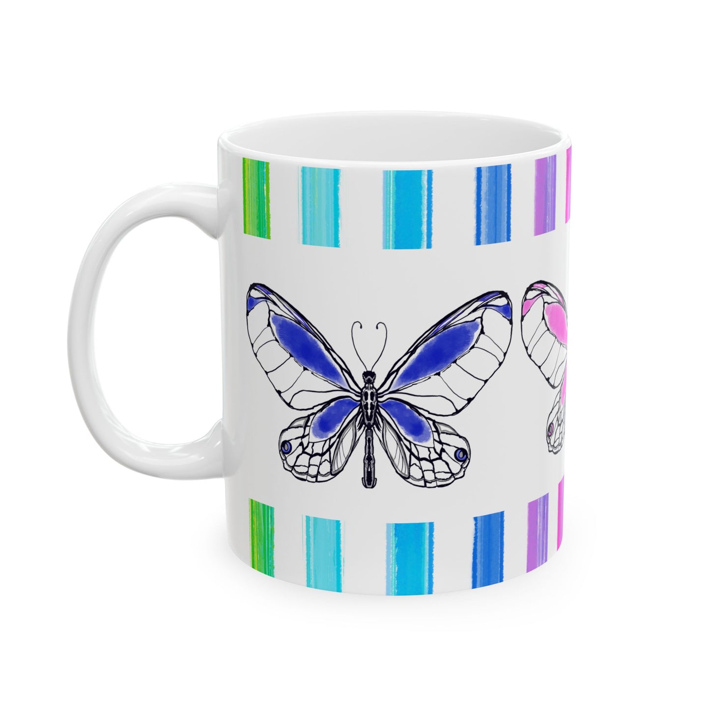 Butterfly Rainbow Stripe Ceramic Mug in Blue, Pink, and Yellow with Multi-color Striped Border, (Available in 2 sizes 11oz and 15oz)