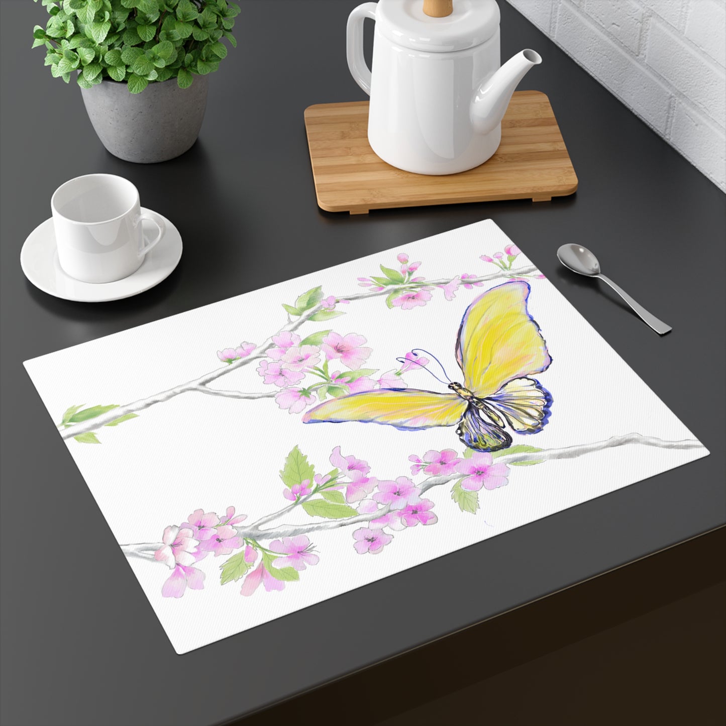 Butterfly Blossom Glide Cotton Twill Placemat, Creamier White, 1pc Yellow, #8