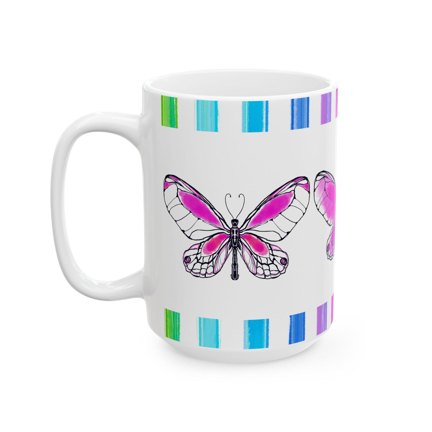 Butterfly Rainbow Stripe Ceramic Mug in Raspberry Pink with Multi-color Striped Border, (Available in 2 sizes 11oz and 15oz)