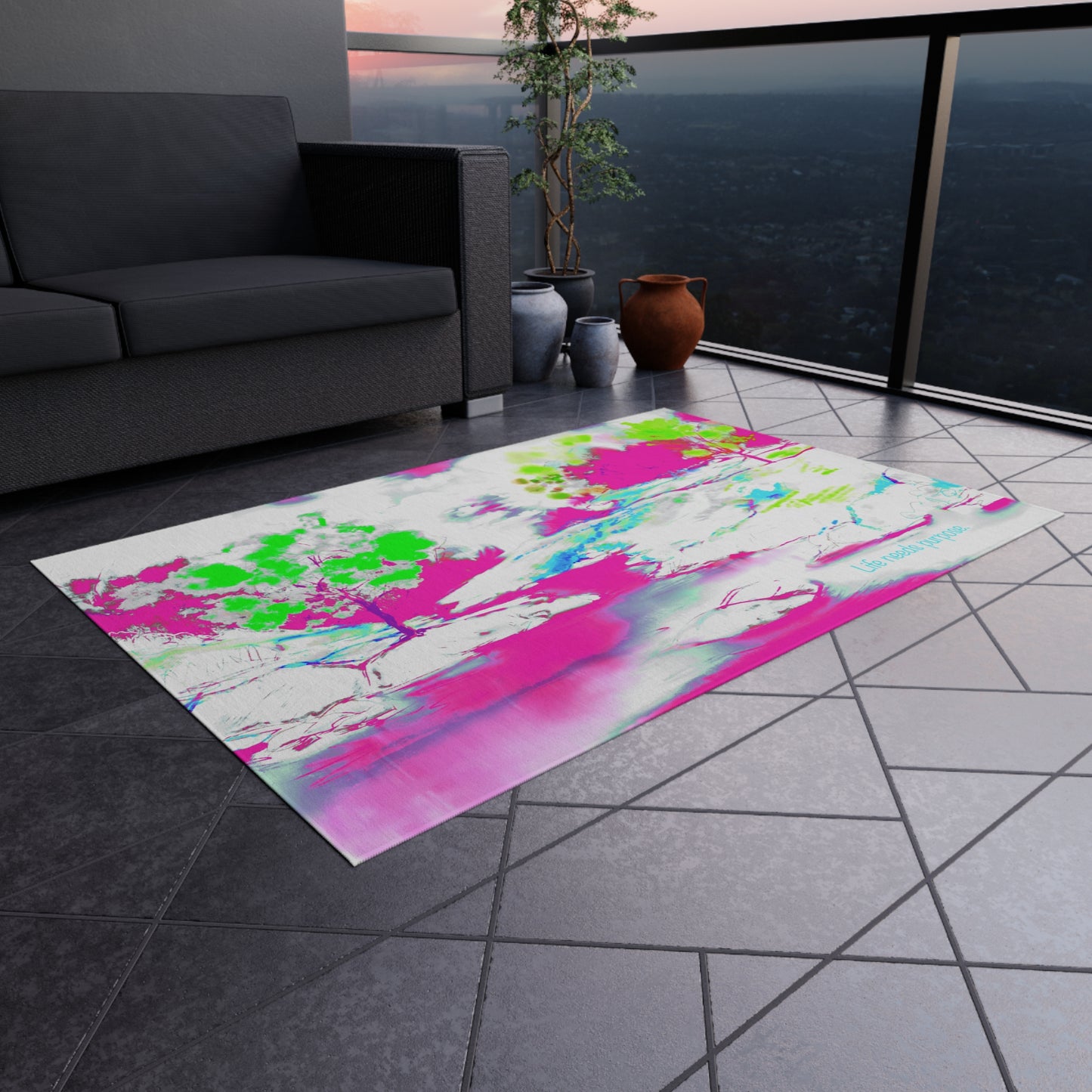 Inspirational Landscapes Indoor/Outdoor Rug, Life needs purpose," Raspberry and Green, Non-Slip