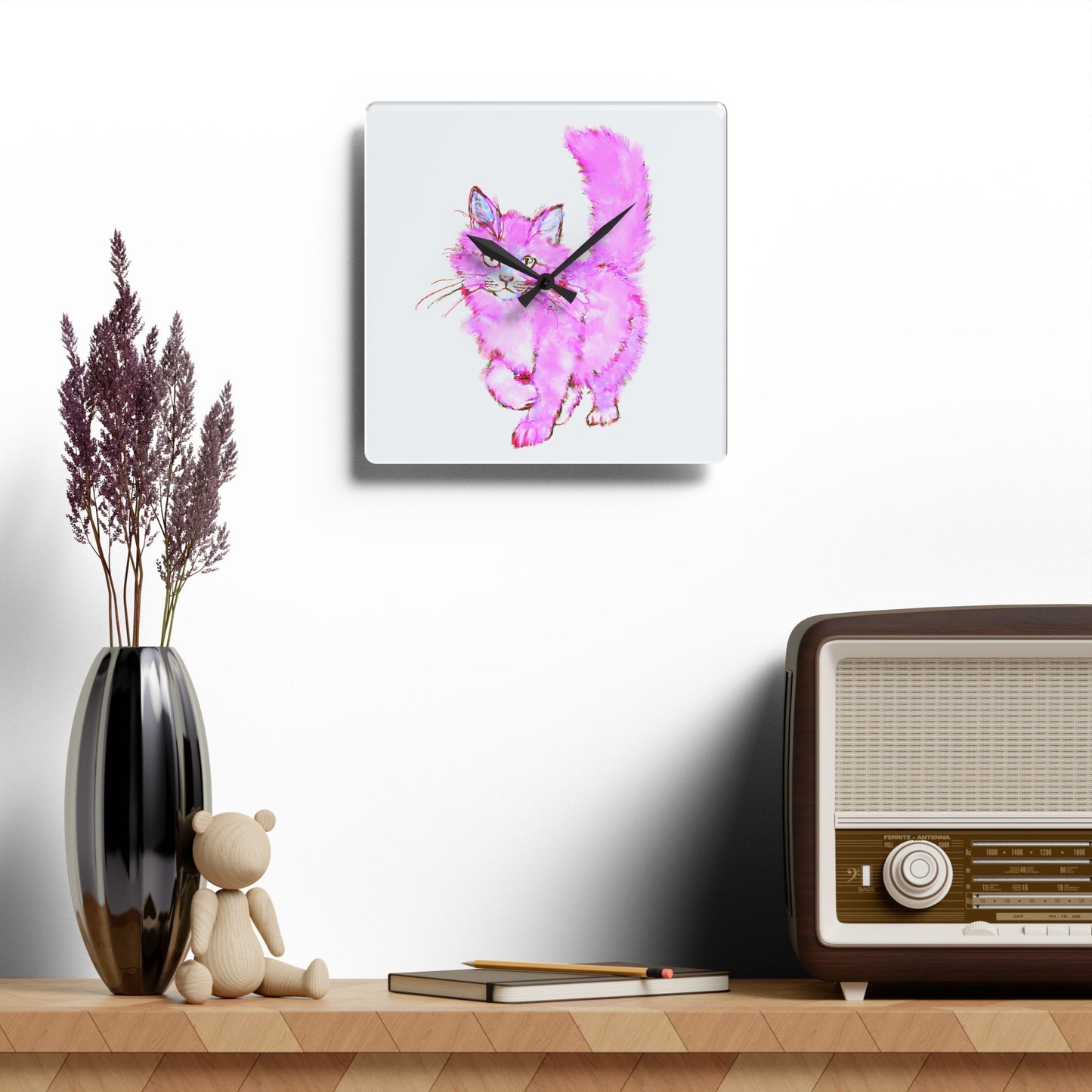 Colorful Cats & Dogs Wall Clock in Pink