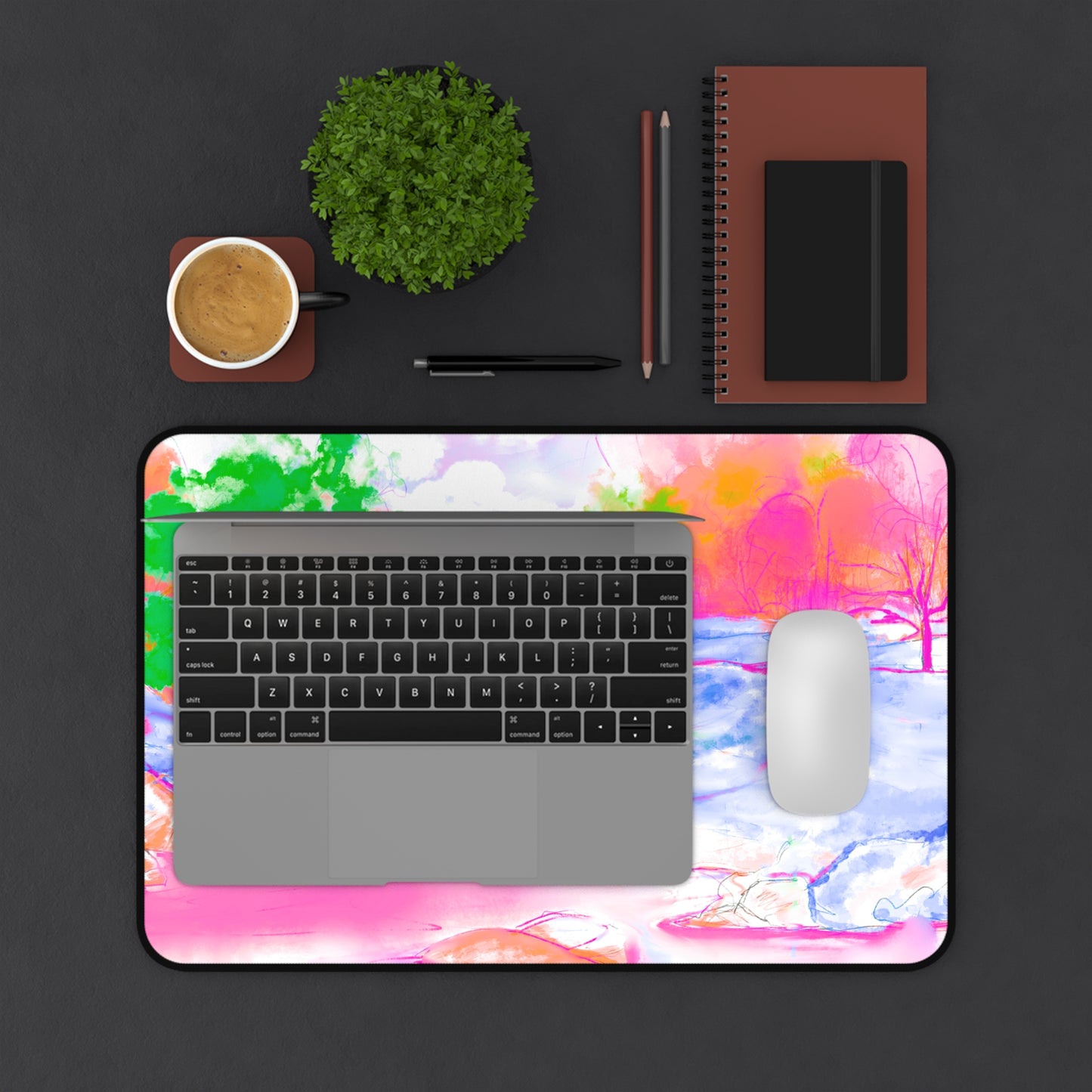 Joyful Landscapes Desk Mat, Pink, Green , Periwinkle