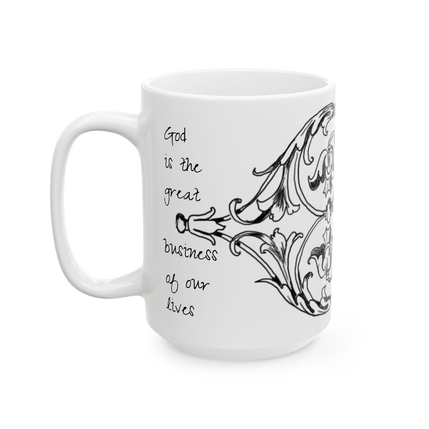 Scrollwork Ceramic Mug Black and White "God is the great... "
