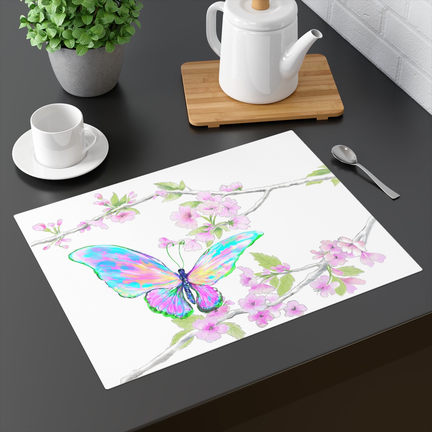 Butterfly Blossom Glide Cotton Twill Placemat, Creamier White, 1pc Blue, #1
