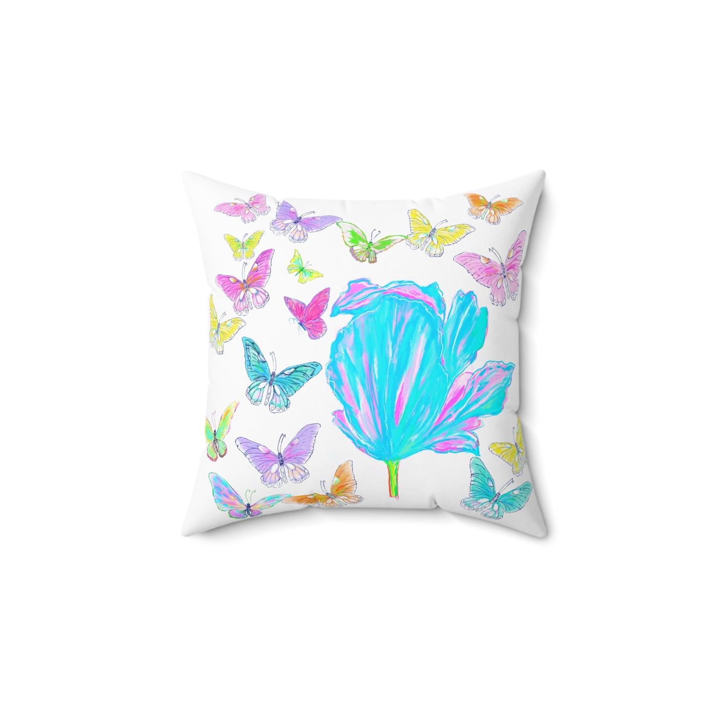 Dancing Tulips Butterflies Spun Polyester Square Pillow. Multi-Color Butterflies, Aqua Tulip