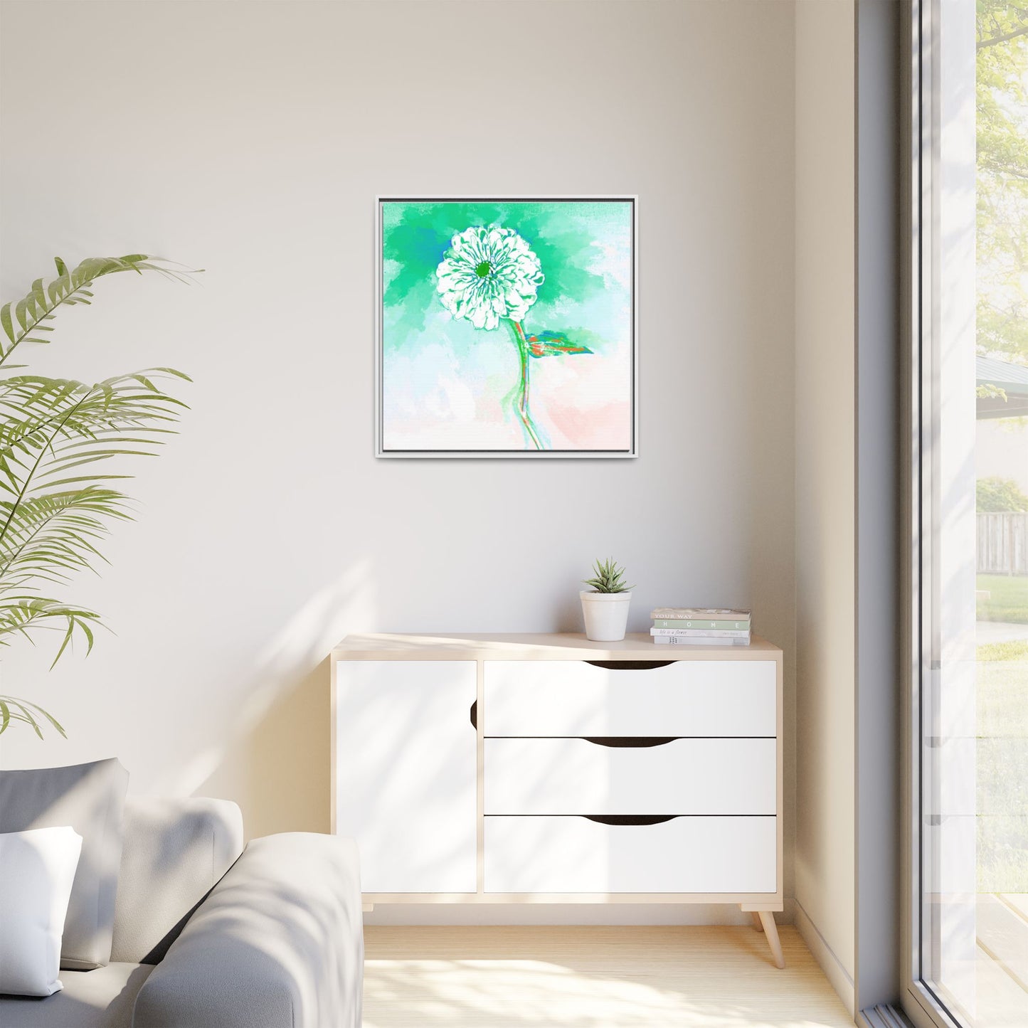 Zinnia Color Splash Matte Canvas Green Framed