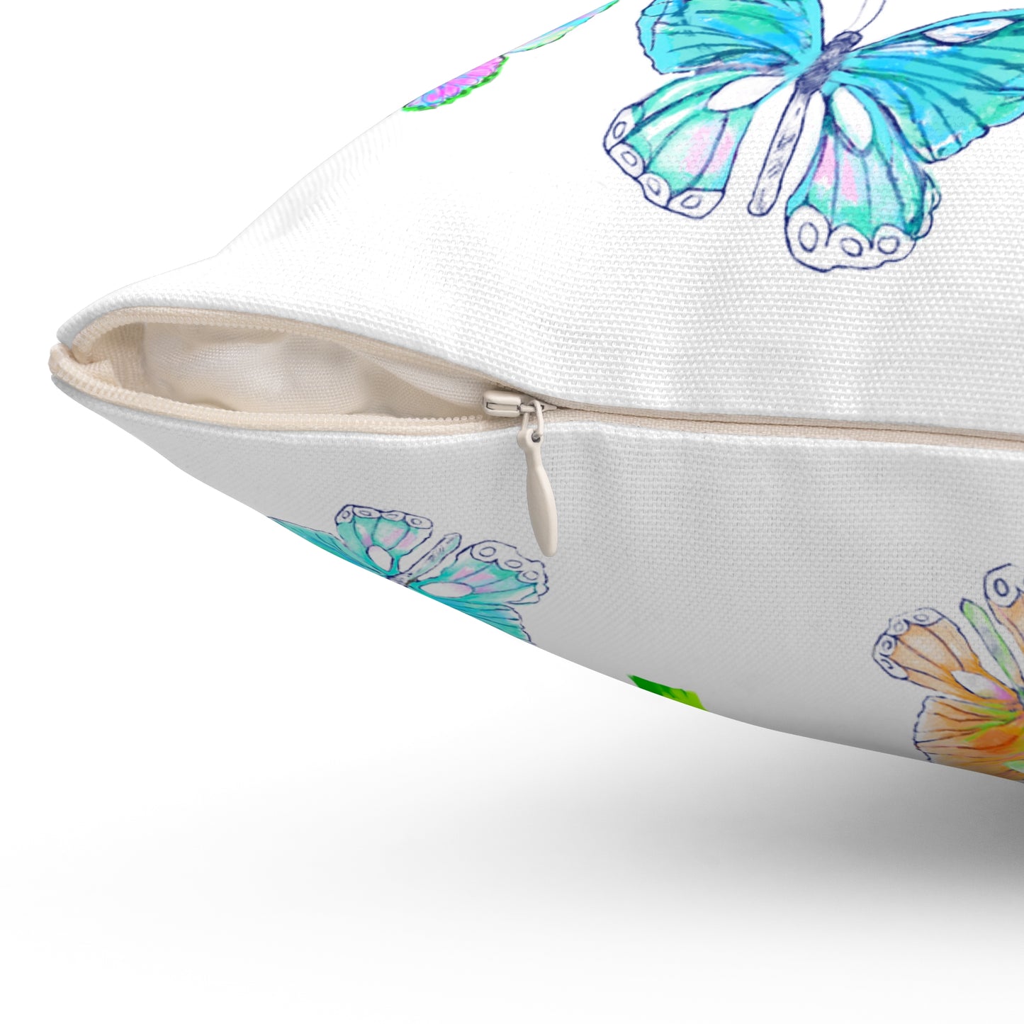 Dancing Tulips Butterflies Spun Polyester Square Pillow. Multi-Color Butterflies, Yellow Tulip