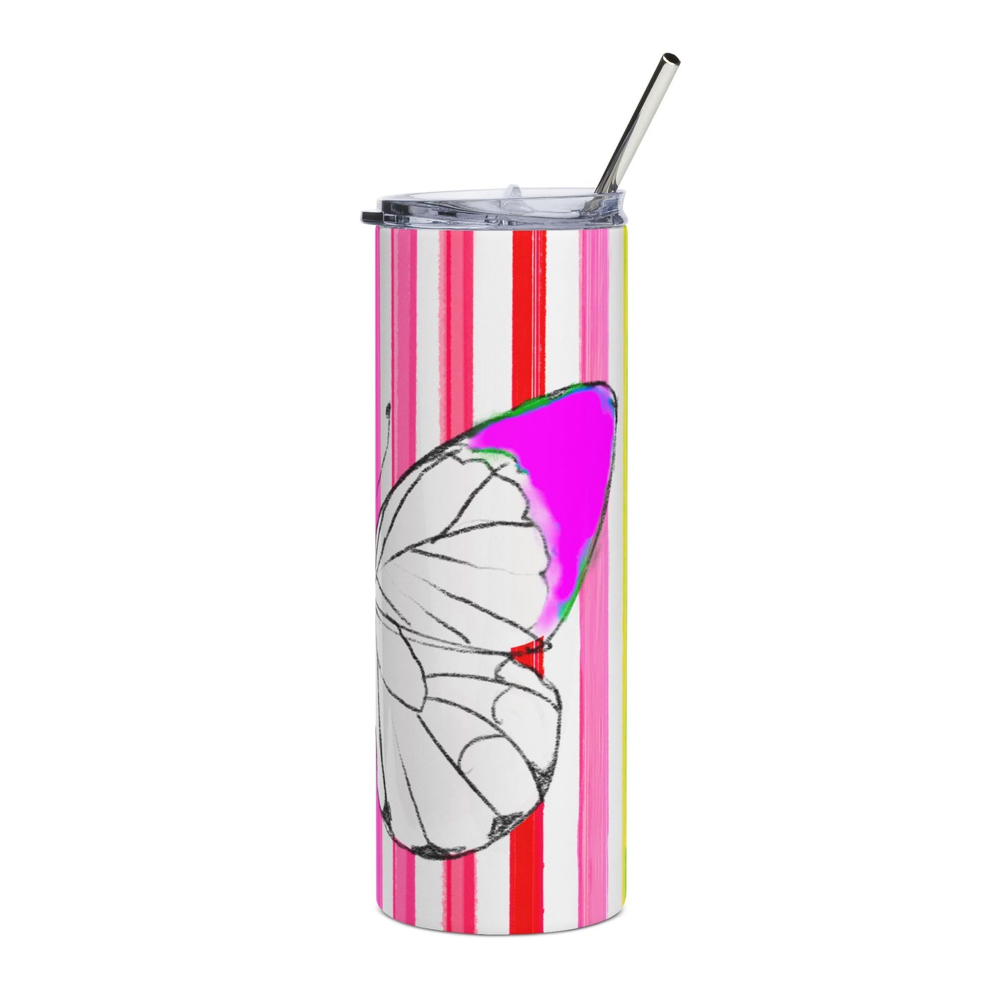Stainless Steel Tumblers, 20oz Butterfly Watercolor Rainbow Stripes