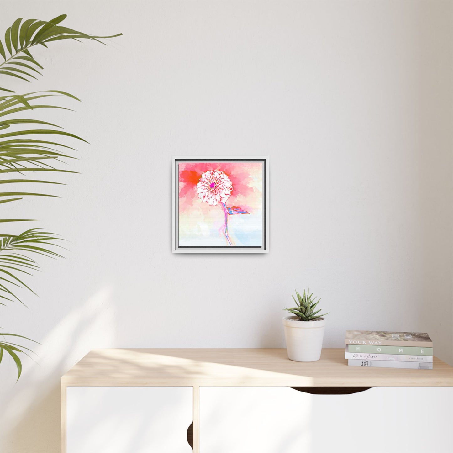 Zinnia Color Splash Matte Canvas Light Red Framed