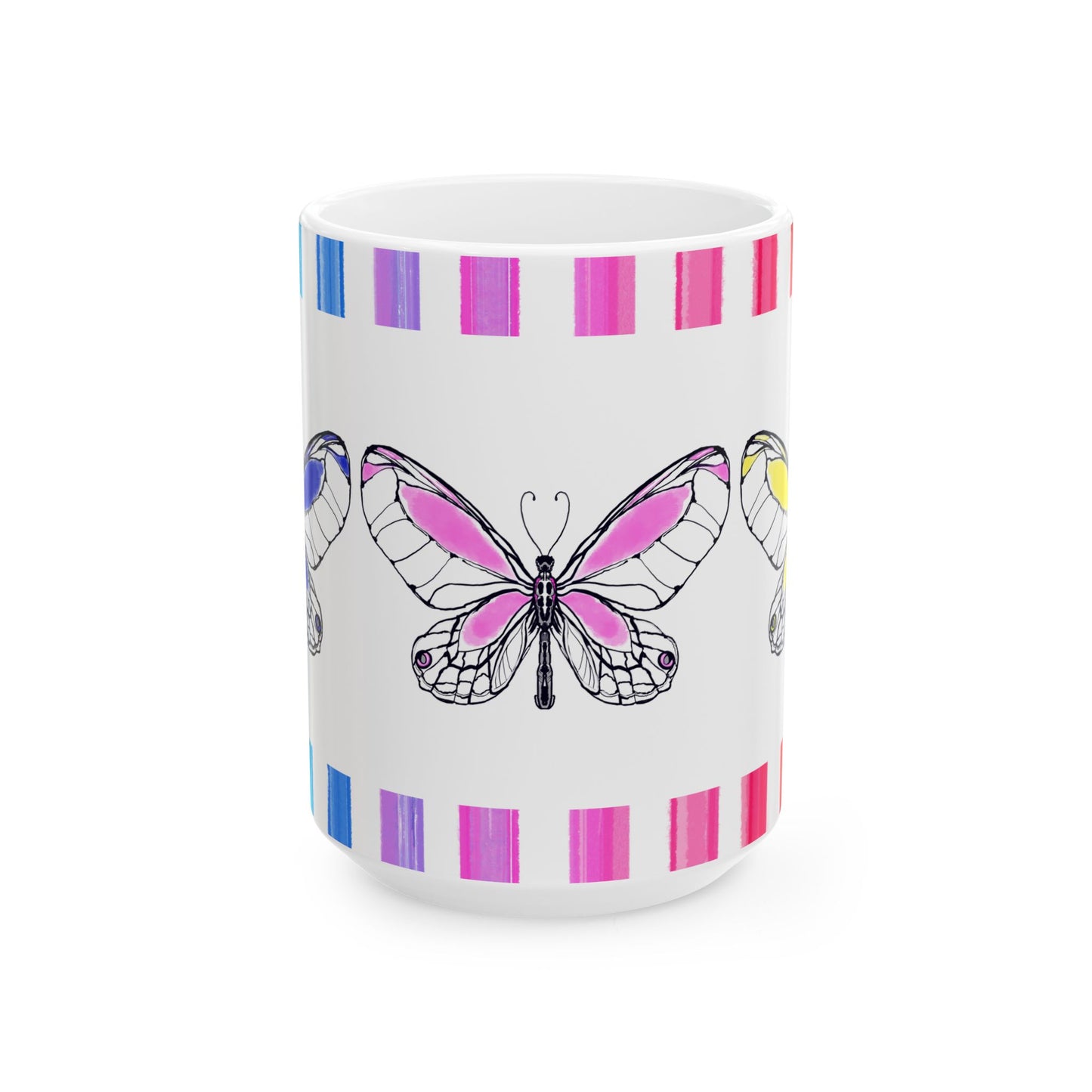 Butterfly Rainbow Stripe Ceramic Mug in Blue, Pink, and Yellow with Multi-color Striped Border, (Available in 2 sizes 11oz and 15oz)