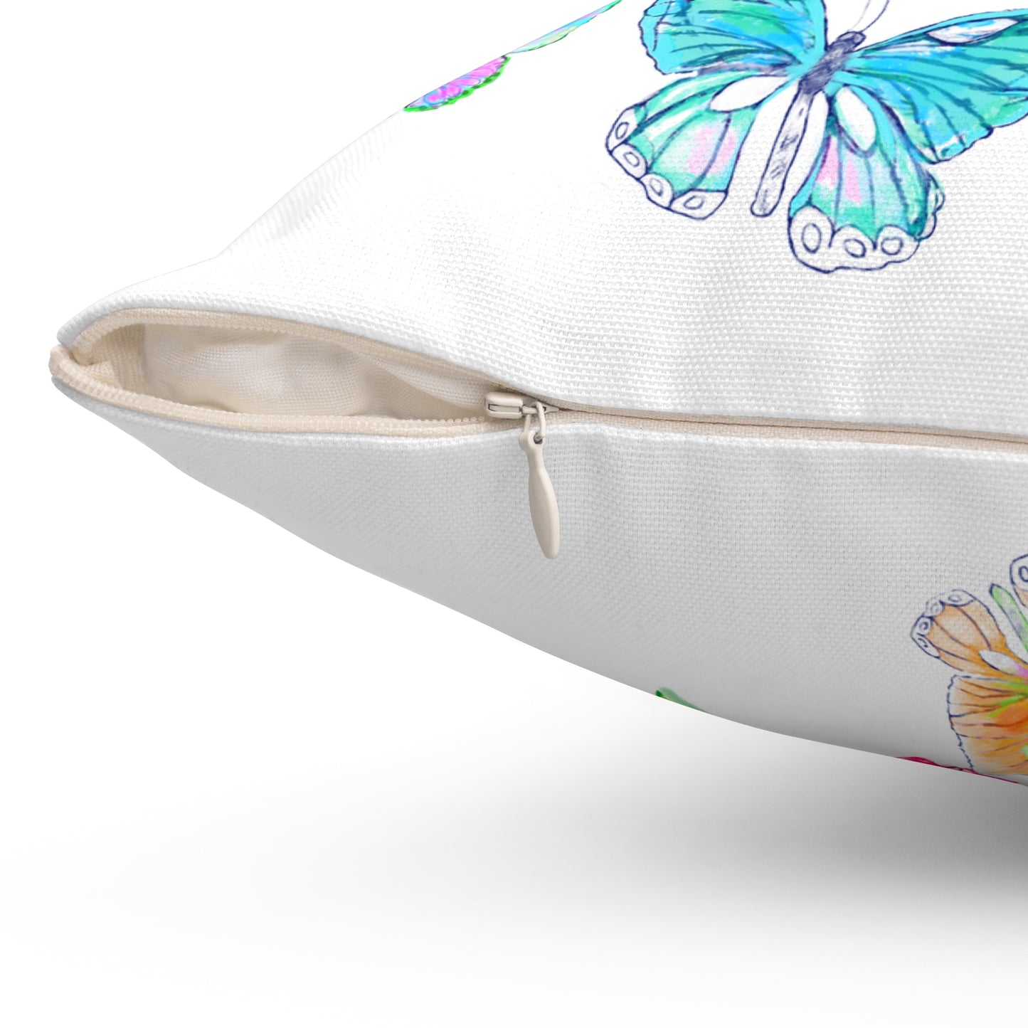 Dancing Tulips Butterflies Spun Polyester Square Pillow. Multi-Color Butterflies, Pink Tulip