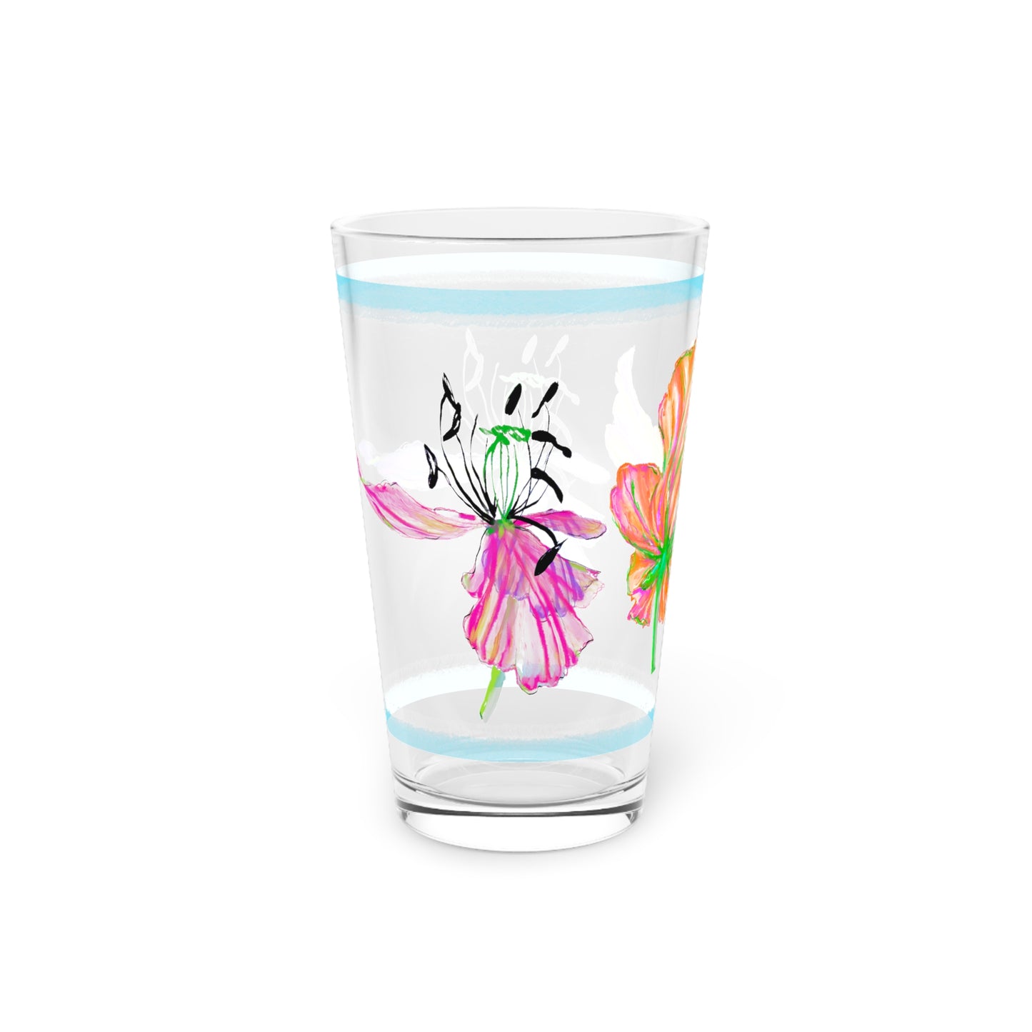 Tulip Love Pint Glass  Blue Trim, 16oz