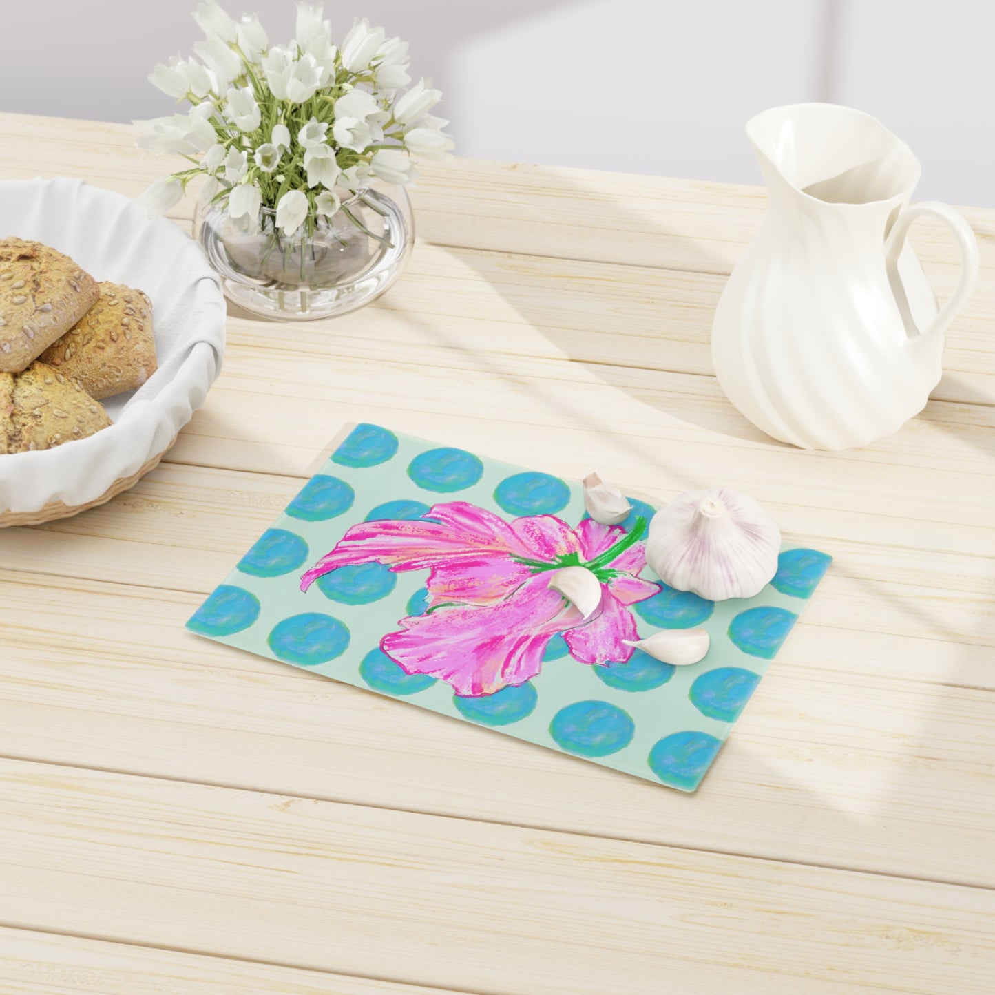Dancing Tulips Cutting Board, Aqua Polka Dots