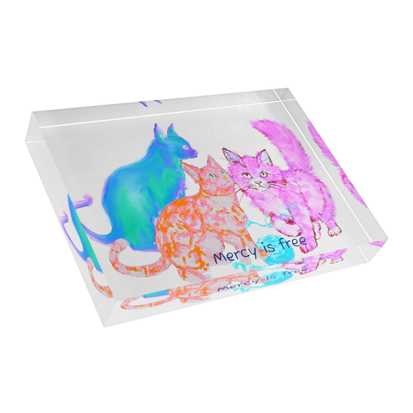 Colorful Cats & Dogs Acrylic Art Block 3 Cats Blue, Orange ,Pink-Mercy is free