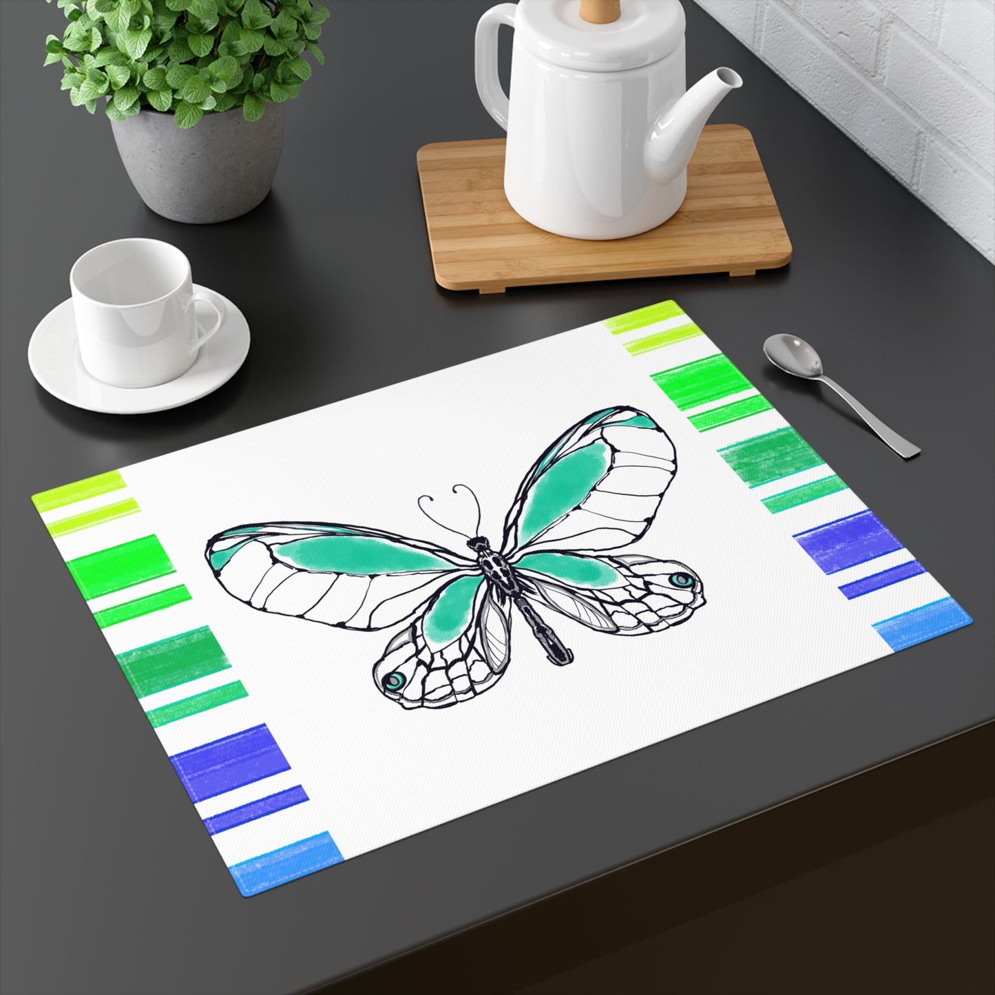 Butterfly Flutterstripe Placemat in Green-Blue with Multi-color Stripe Border (1 pc) cotton