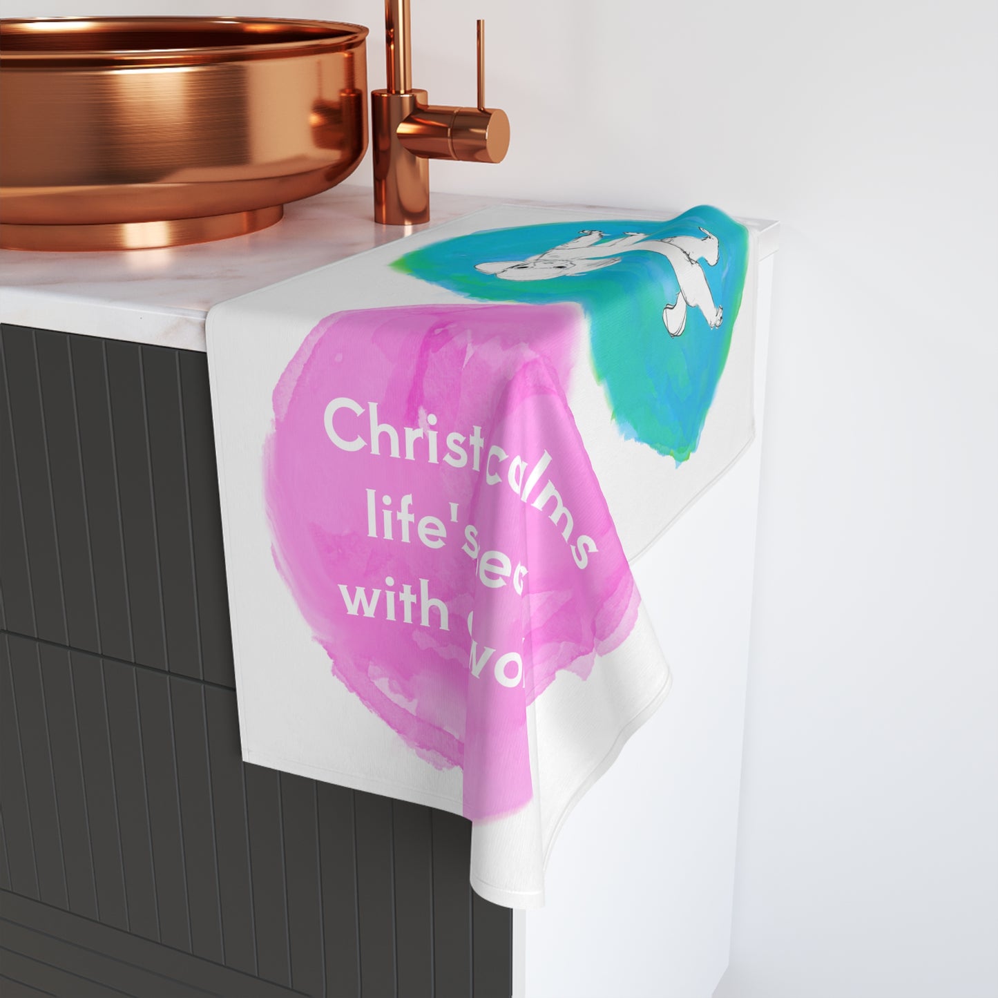 Dogi Fun Circles and Poodles Hand Towel in Aqua and Raspberry