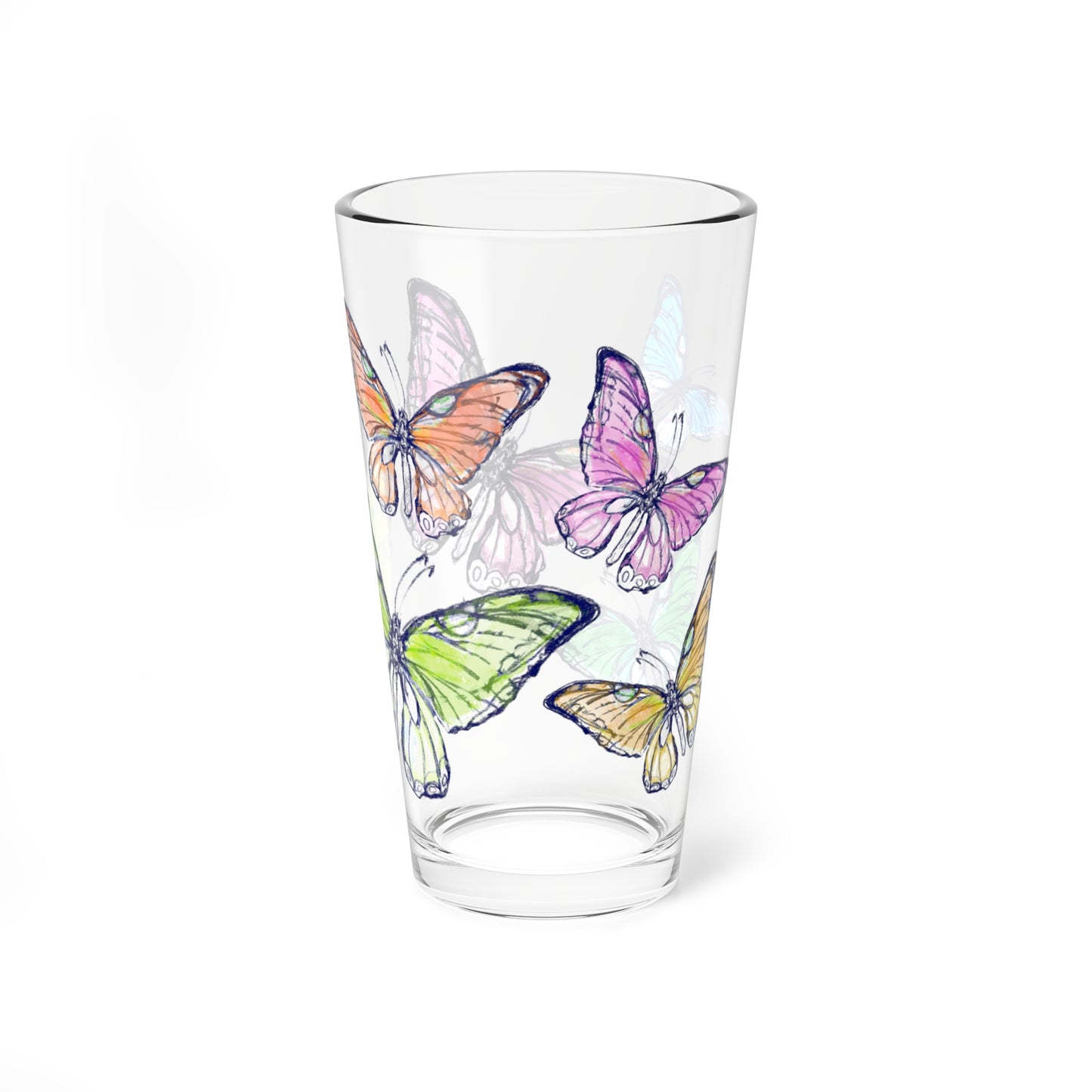 Blossom Whirl Pint Glass, 16oz, Largest Butterfly is Yellow Green