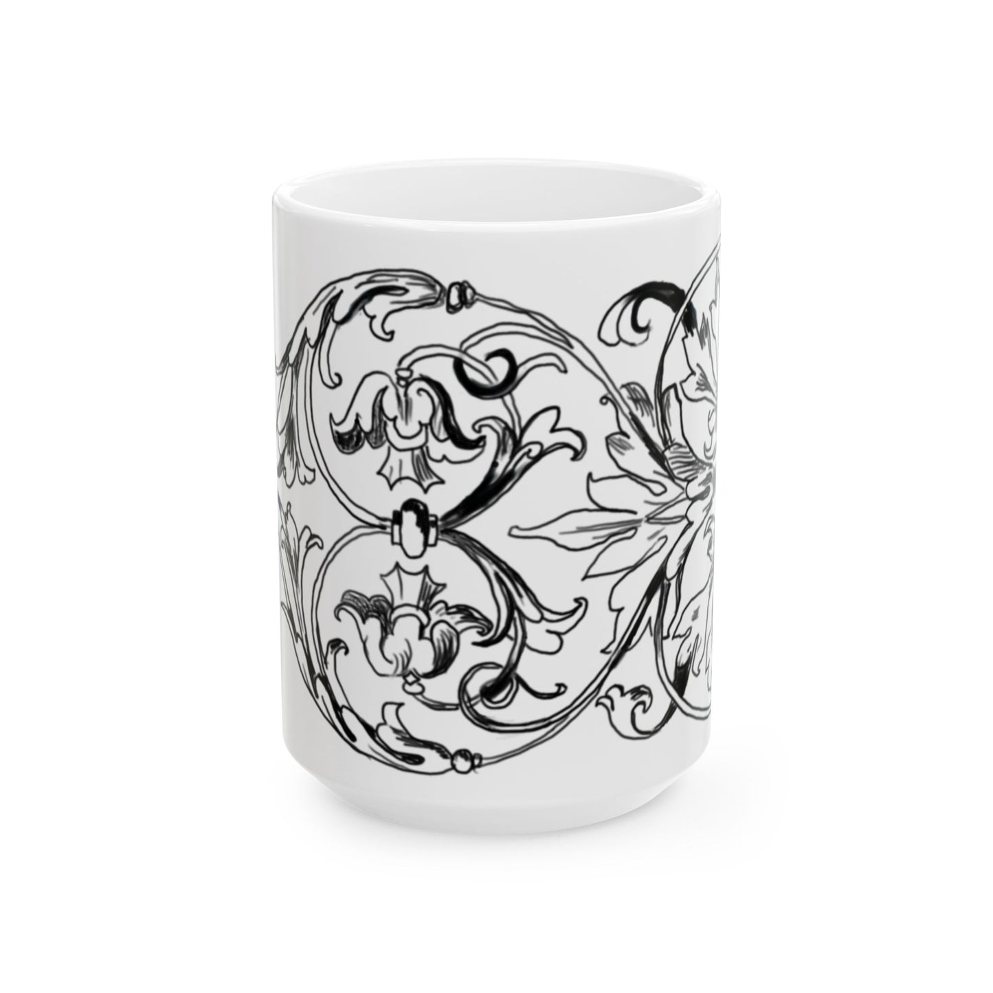 Scrollwork Ceramic Mug Black and White, "I shall see dawning..."