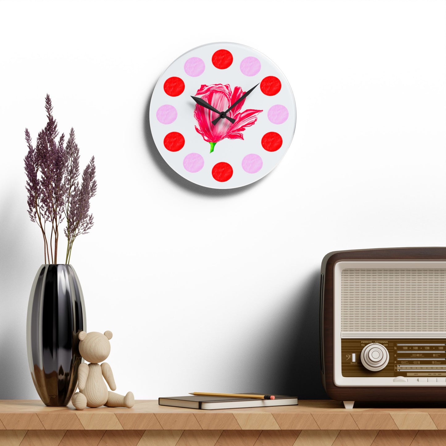 Tulip Love, Acrylic Wall Clock, Pink and Red polka dots Red tulip