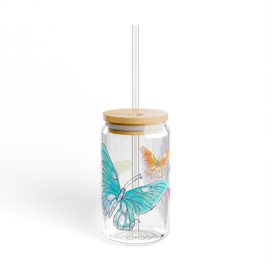 Butterfly Swing, Largest Butterfly is Aqua, Sipper Glass, 16oz, Choose With or Without lid