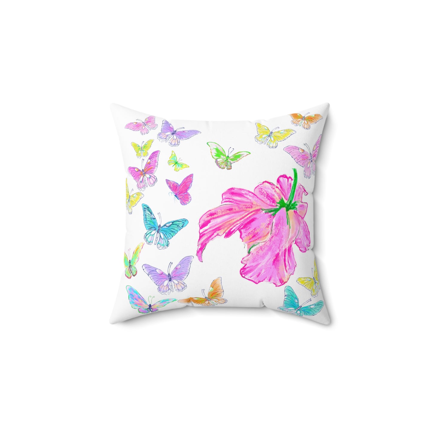 Dancing Tulips Butterflies Spun Polyester Square Pillow. Multi-Color Butterflies, Pink Tulip
