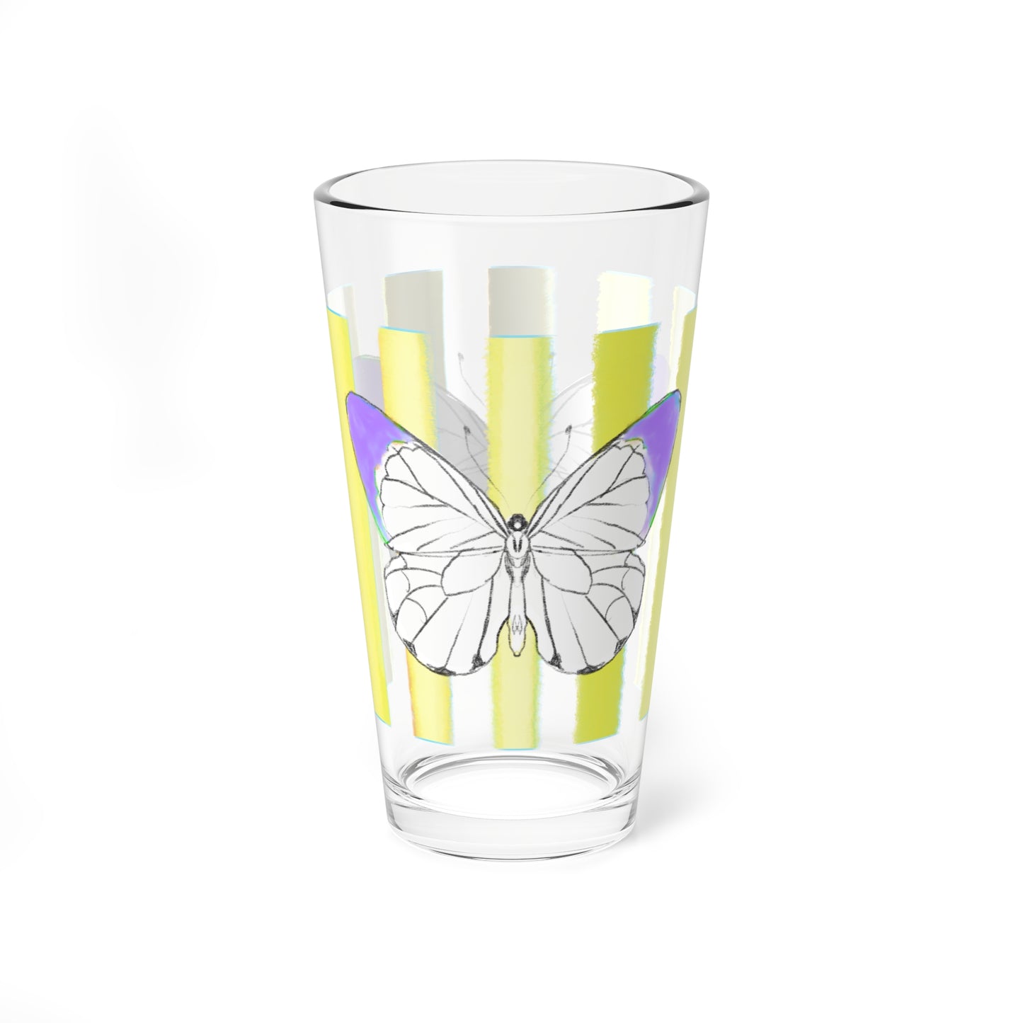 Pint Glass, 16oz Watercolor Stripes & Butterflies