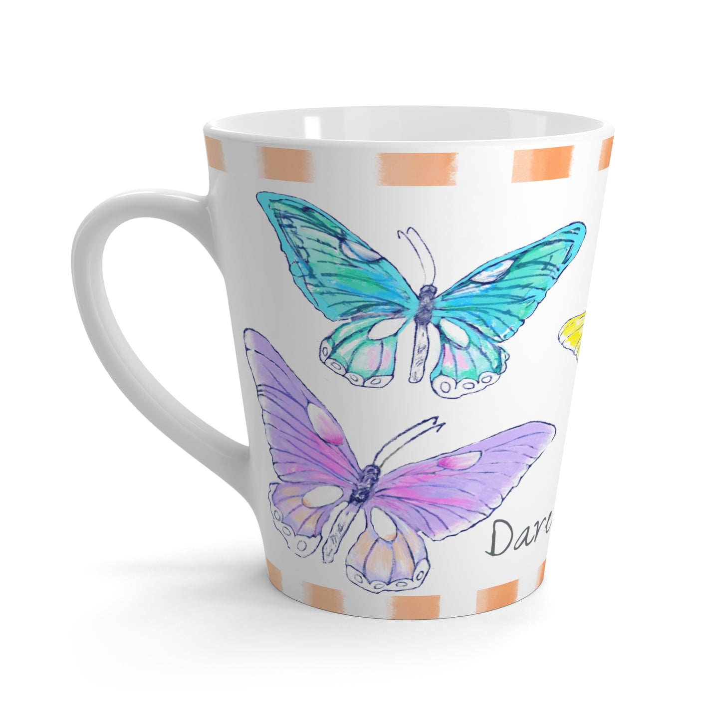 Butterfly Swing Latte Mug Aqua, Lilac, Pink, Orange , yellow Butterflies, Orange Stripe “Dare to Love”