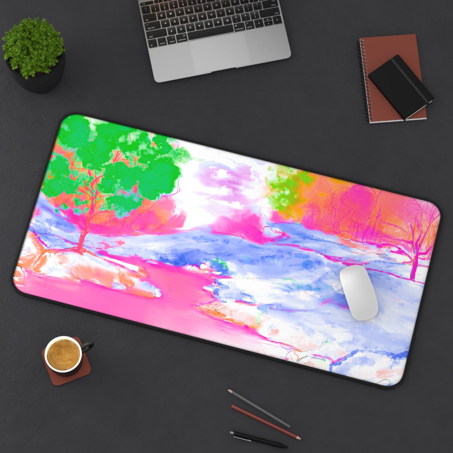 Joyful Landscapes Desk Mat, Pink, Green , Periwinkle