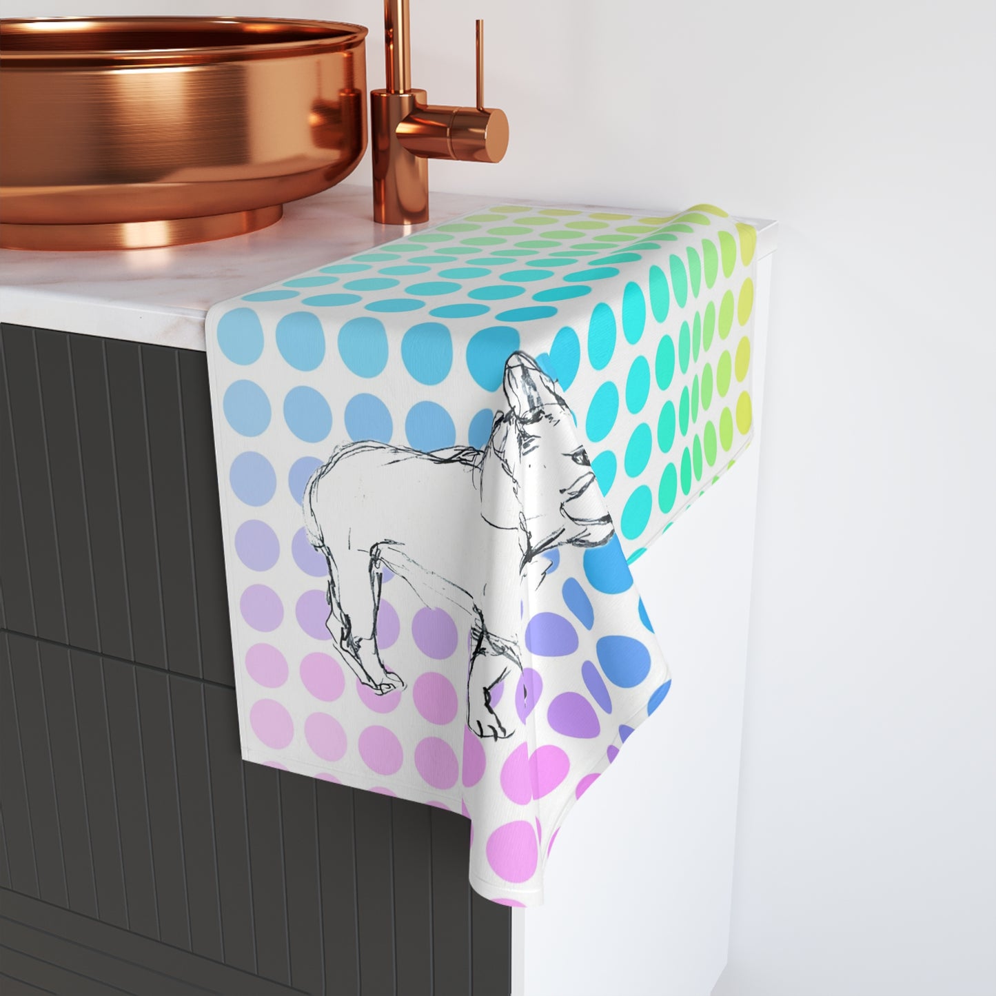Dogi Fun Hand Towel, French Bulldog and Multi-Color Polka Dots
