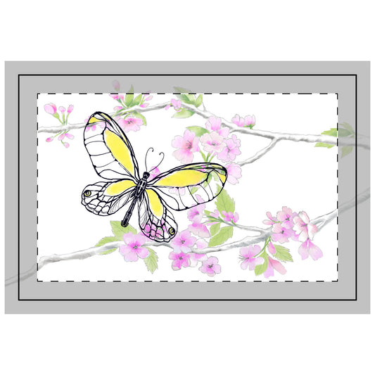 Butterfly Blossom Romp  Quilted Placemat Polyester, Yellow, Fabric Background Bright White # 9 left side of the table