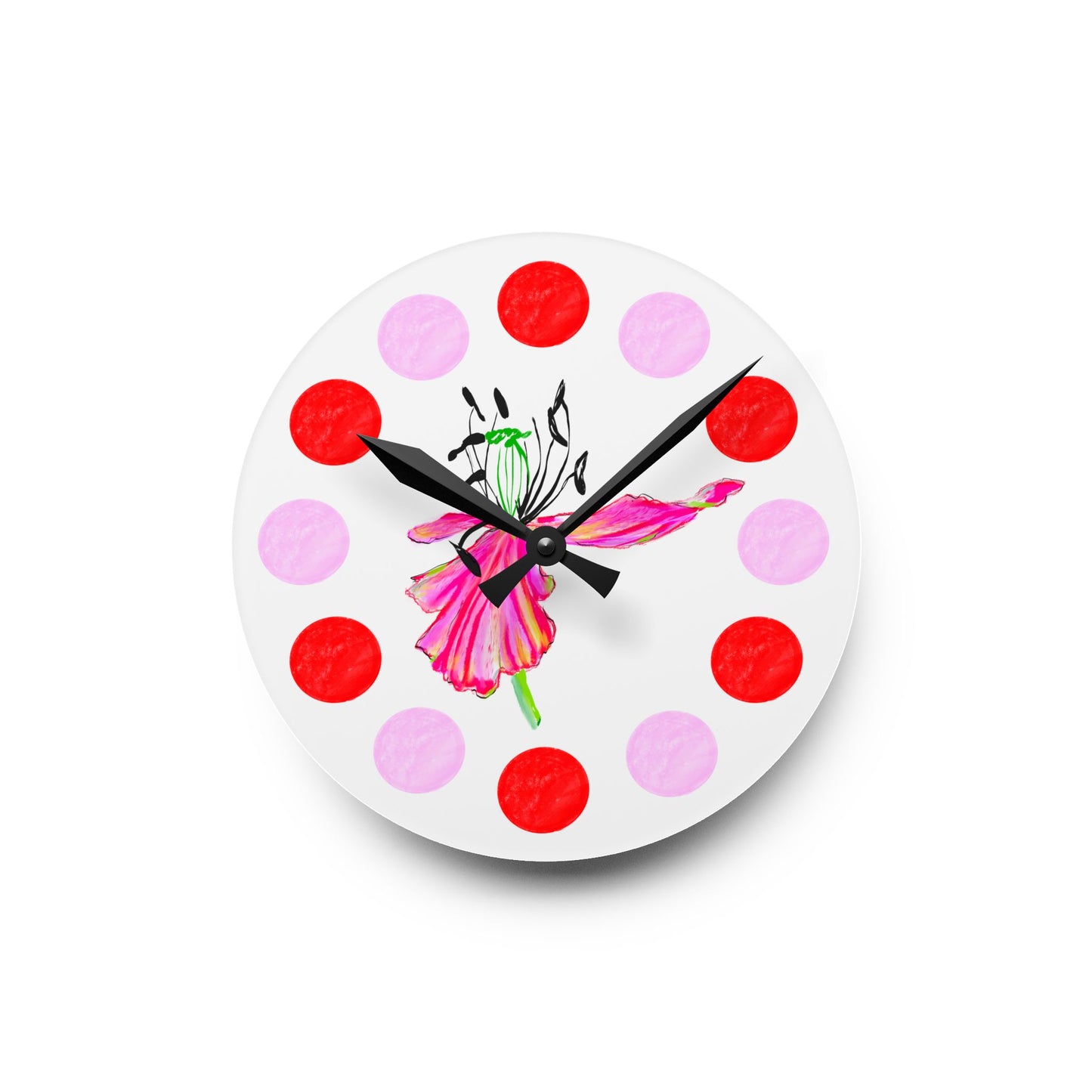 Tulip Love Acrylic Wall Clock, Pink and Red polka dots tulip