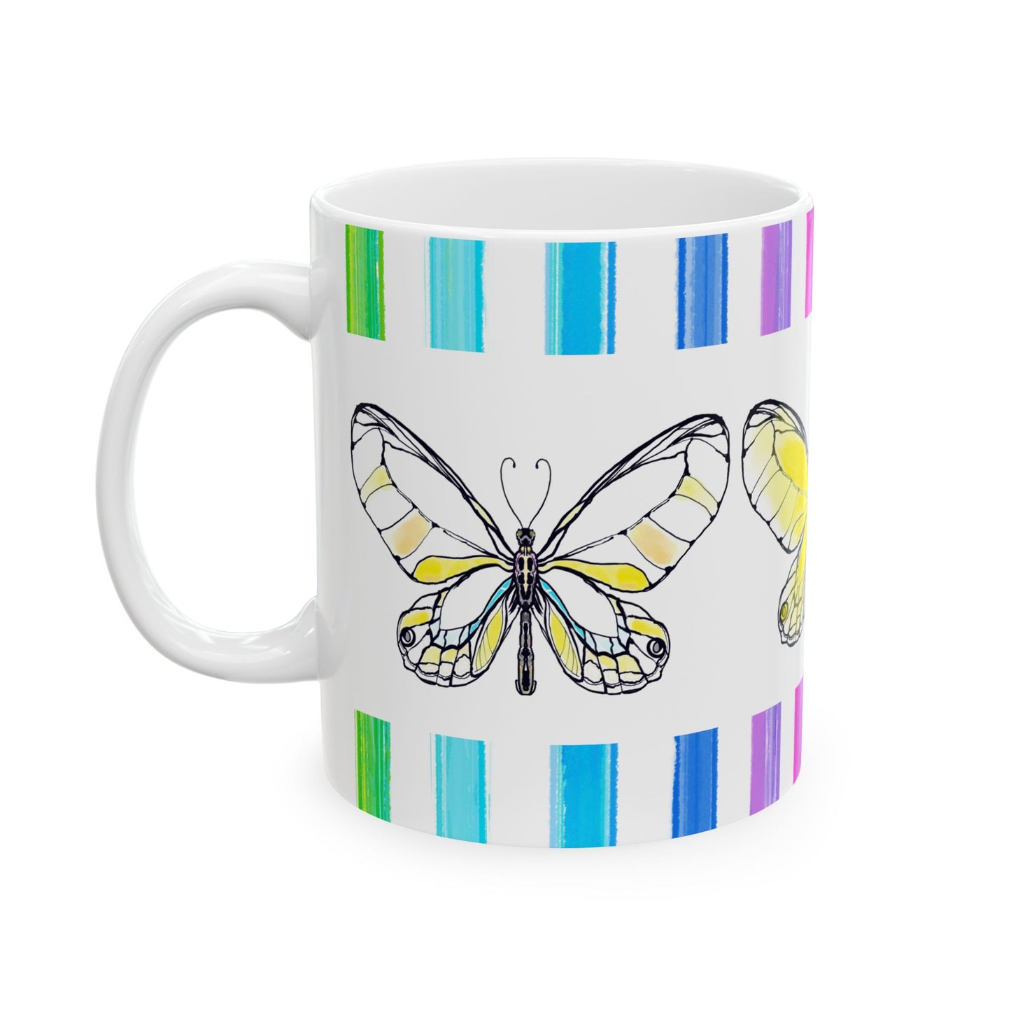 Butterfly Rainbow Stripe Ceramic Mug in Yellow with Multi-color Striped Border, (Available in 2 sizes 11oz and 15oz)