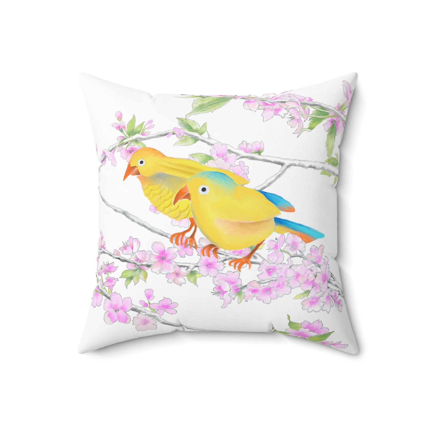 Cherry Chirp Spun Polyester Square Pillow Yellow, Blue Birds