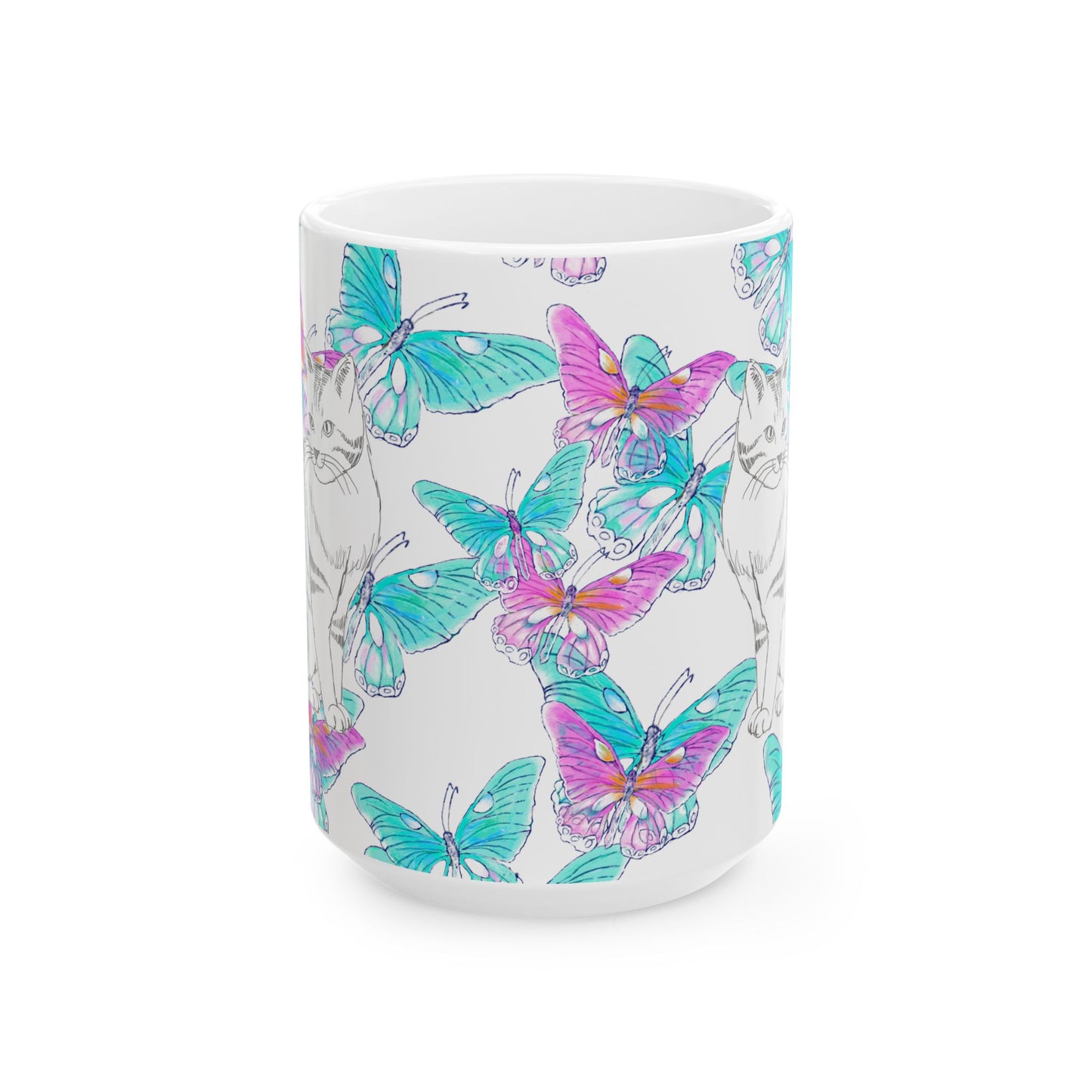 Kitty Flutter Ceramic Mug, Pink/Aqua, (11oz, 15oz)