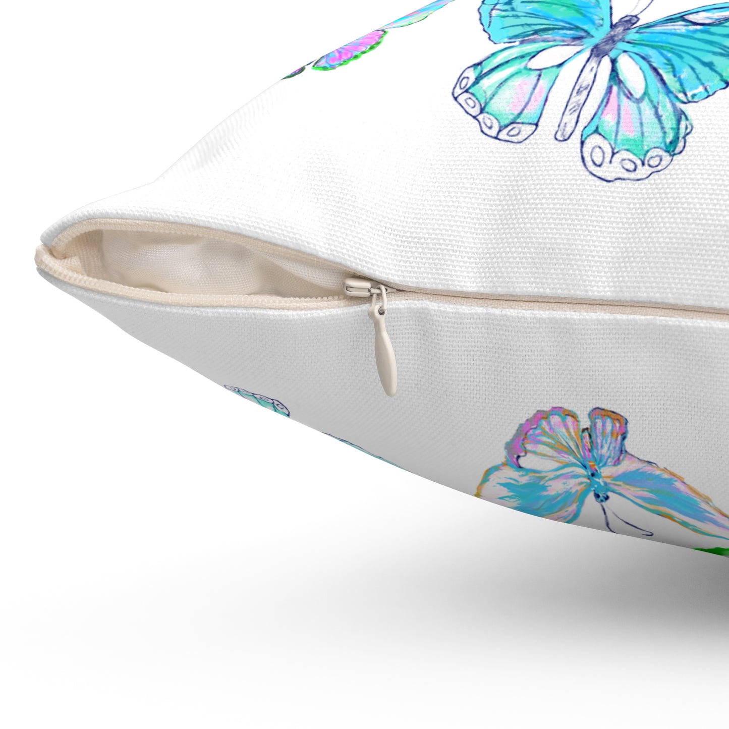 Dancing Tulips Butterflies Spun Polyester Square Pillow. Multi-Color Butterflies,  Raspberry Tulip