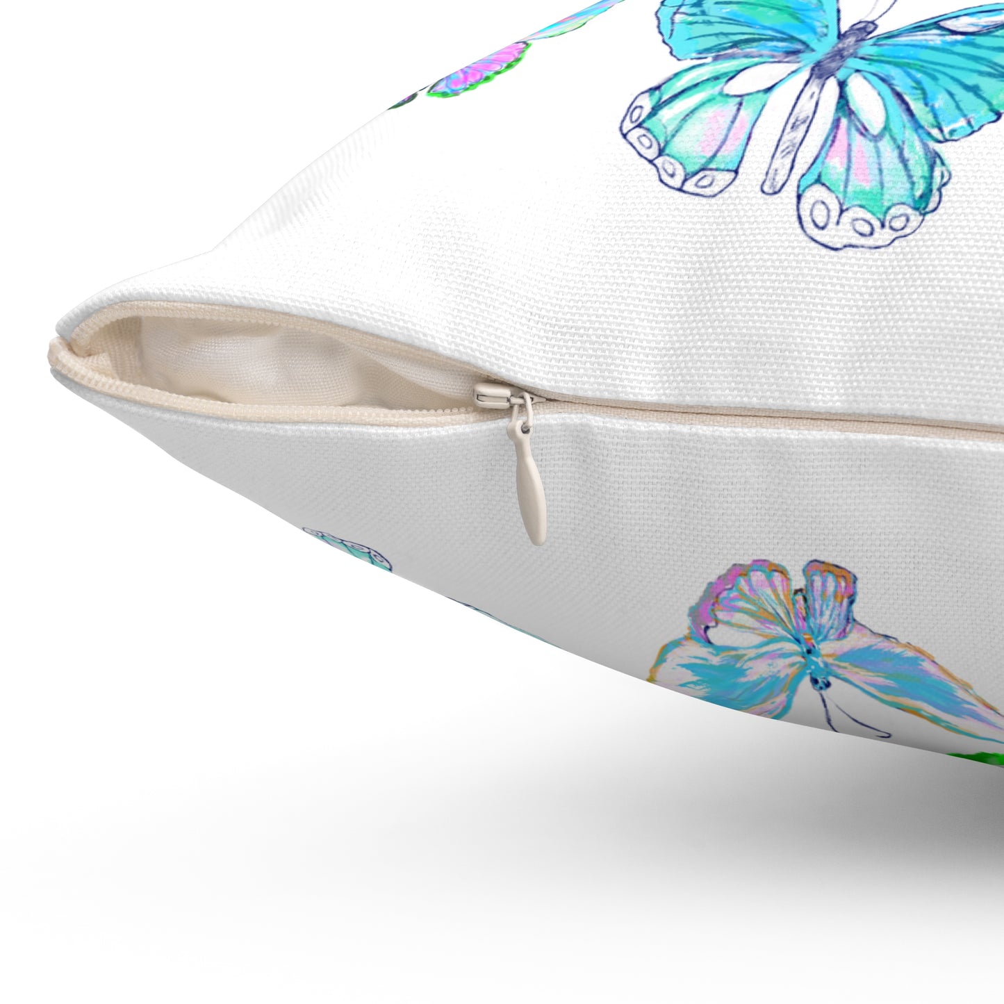 Dancing Tulips Butterflies Spun Polyester Square Pillow. Multi-Color Butterflies,  Raspberry Tulip