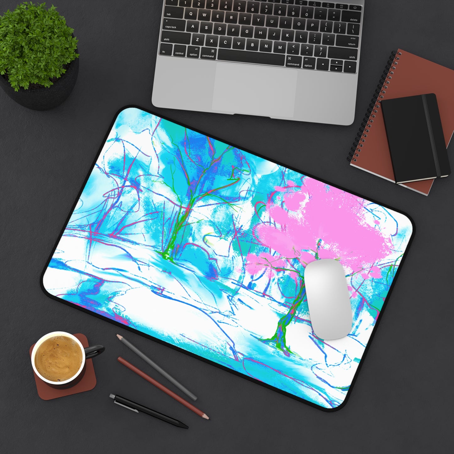 Joyful Landscapes Desk Mat, Pink, Green, and Periwinkle