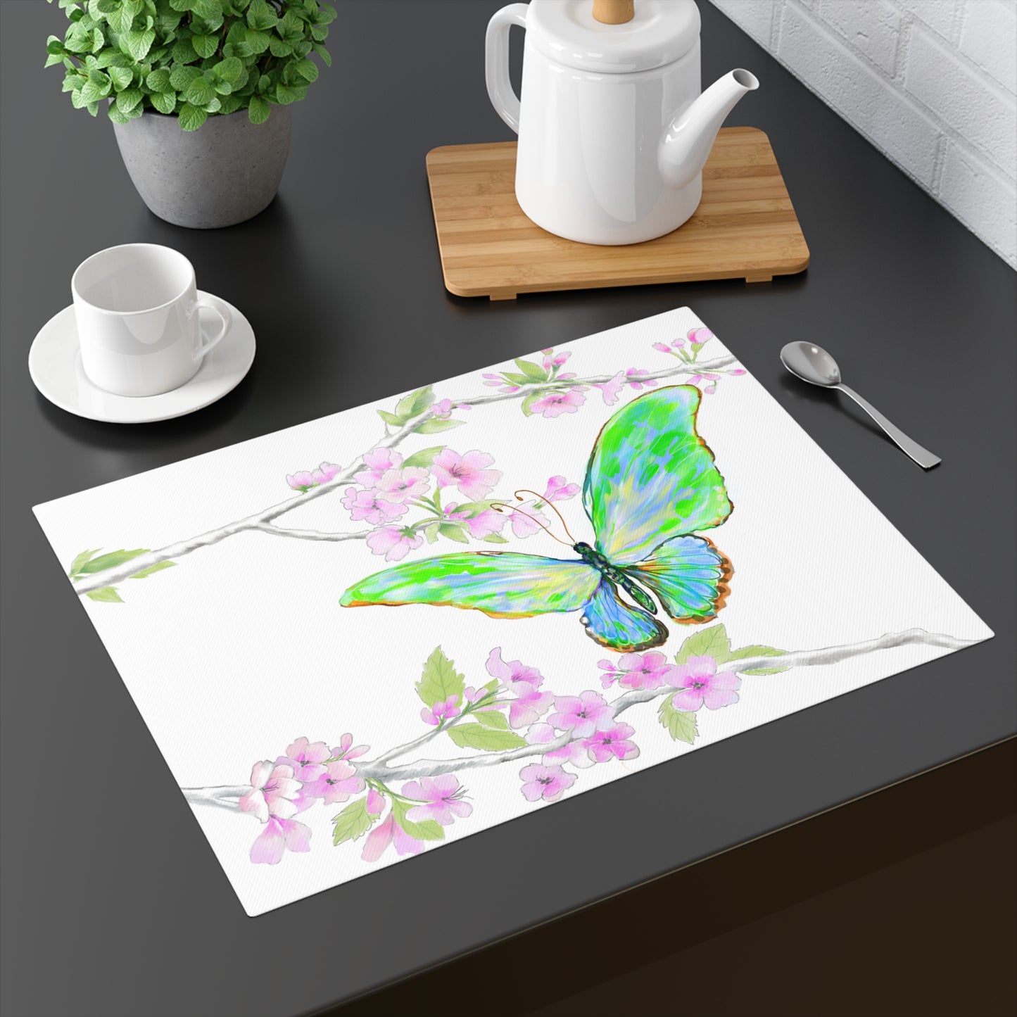 Butterfly Blossom Glide Cotton Twill Placemat, Creamier White, 1pc Green, #2