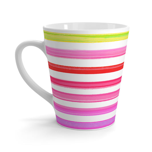 Rainbow Stripes Horizontal Latte Mug Yellow, Pinks. Red