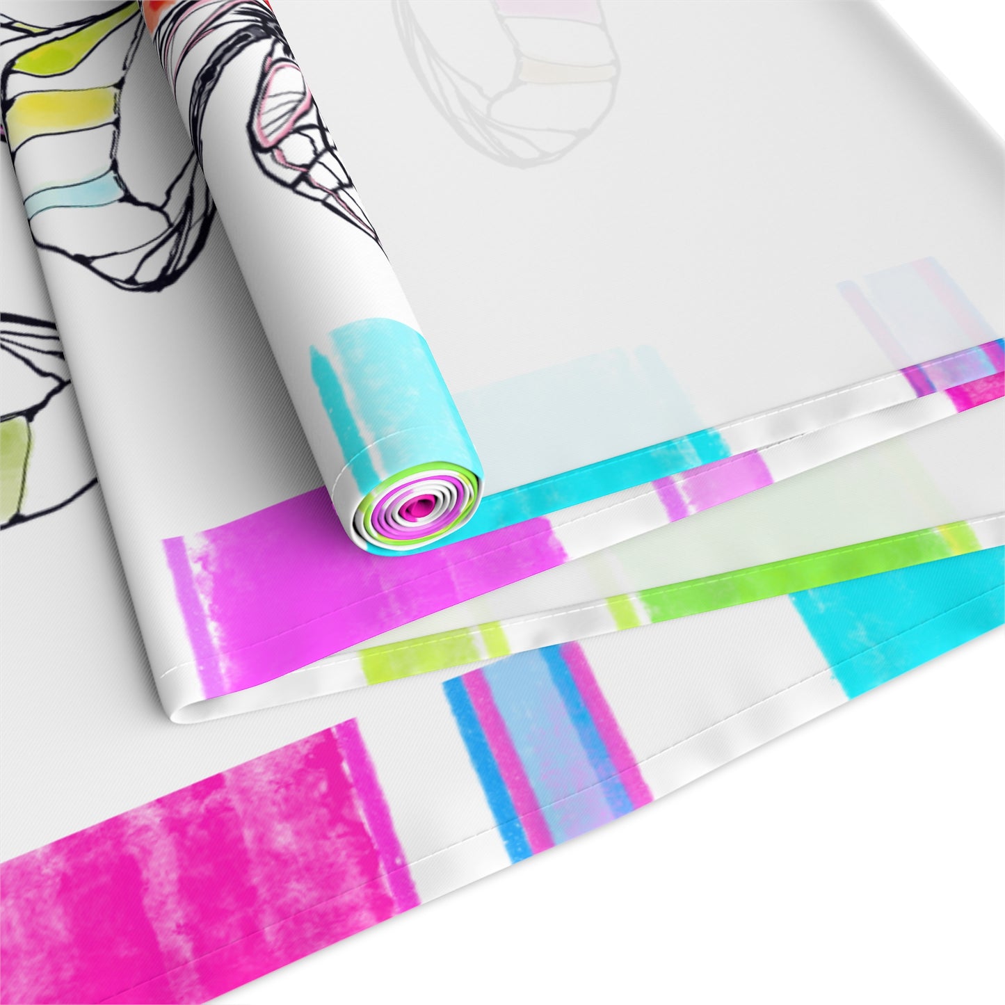 Butterfly Flutterstripe Table Runner in Multi-color With Pink, Blue, Green Border 1 size ( 16" × 72")  (available in Cotton (Creamier) & Polyester (Whiter)