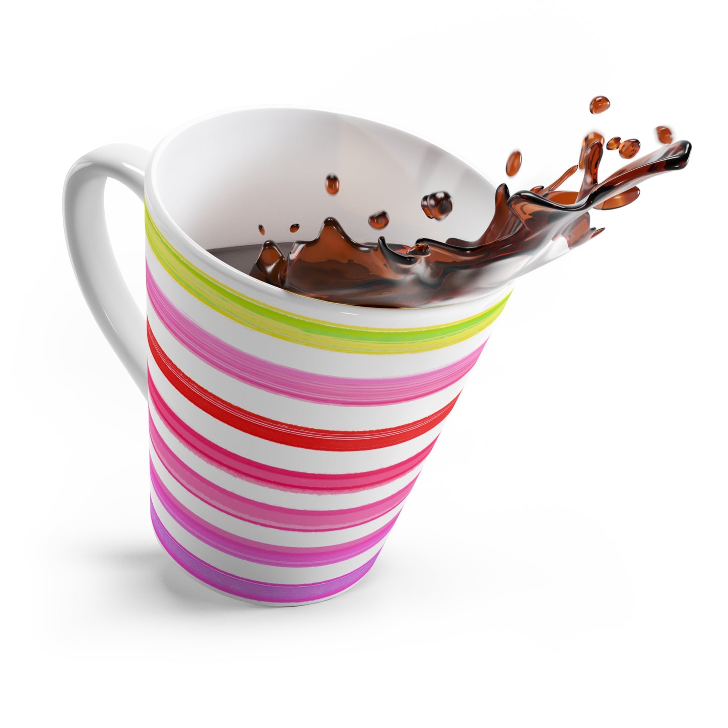 Rainbow Stripes Horizontal Latte Mug Yellow, Pinks. Red