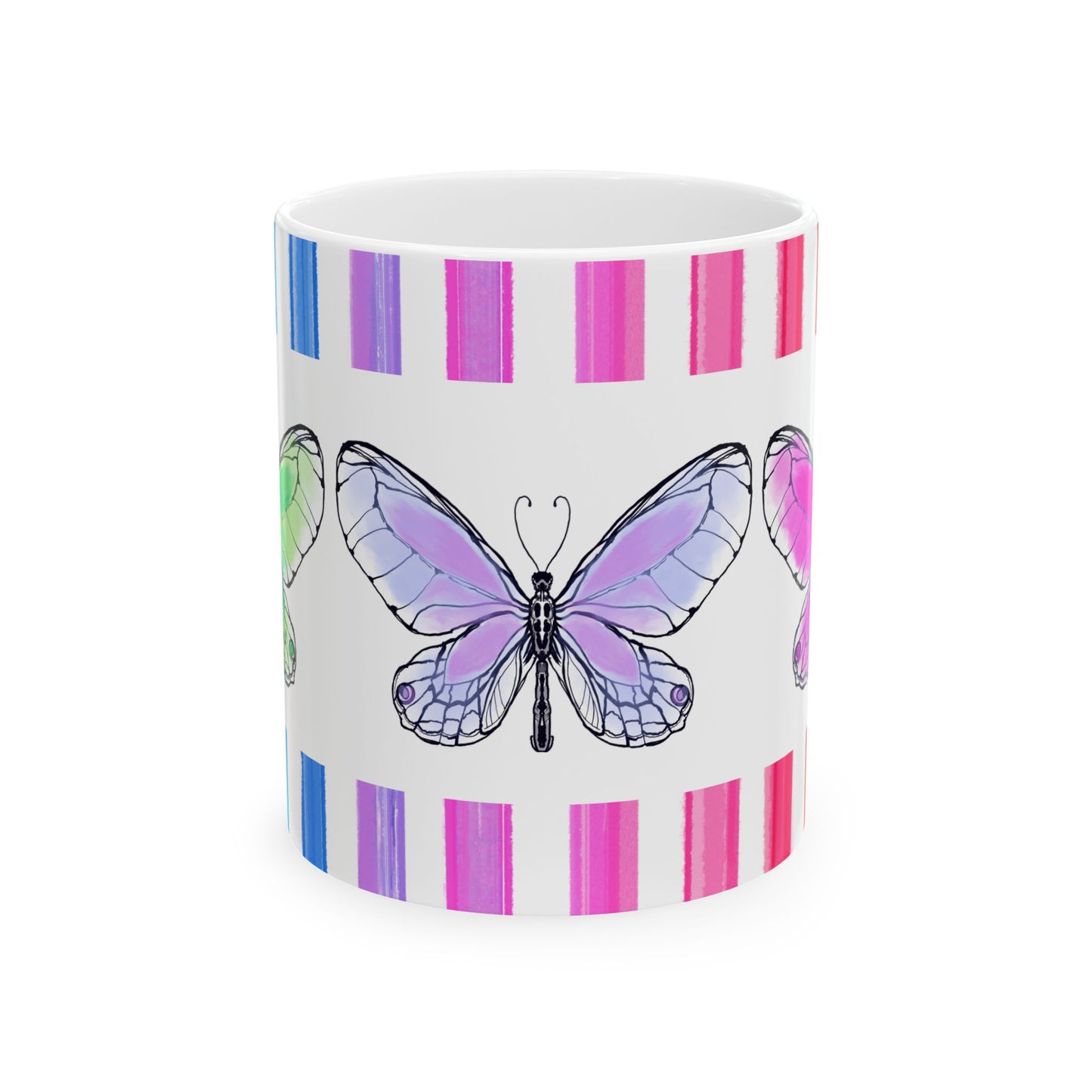 Butterfly Rainbow Stripe Ceramic Mug in Lavender, Pink, and Green with Multi-color Striped Border, (Available in 2 sizes 11oz and 15oz)