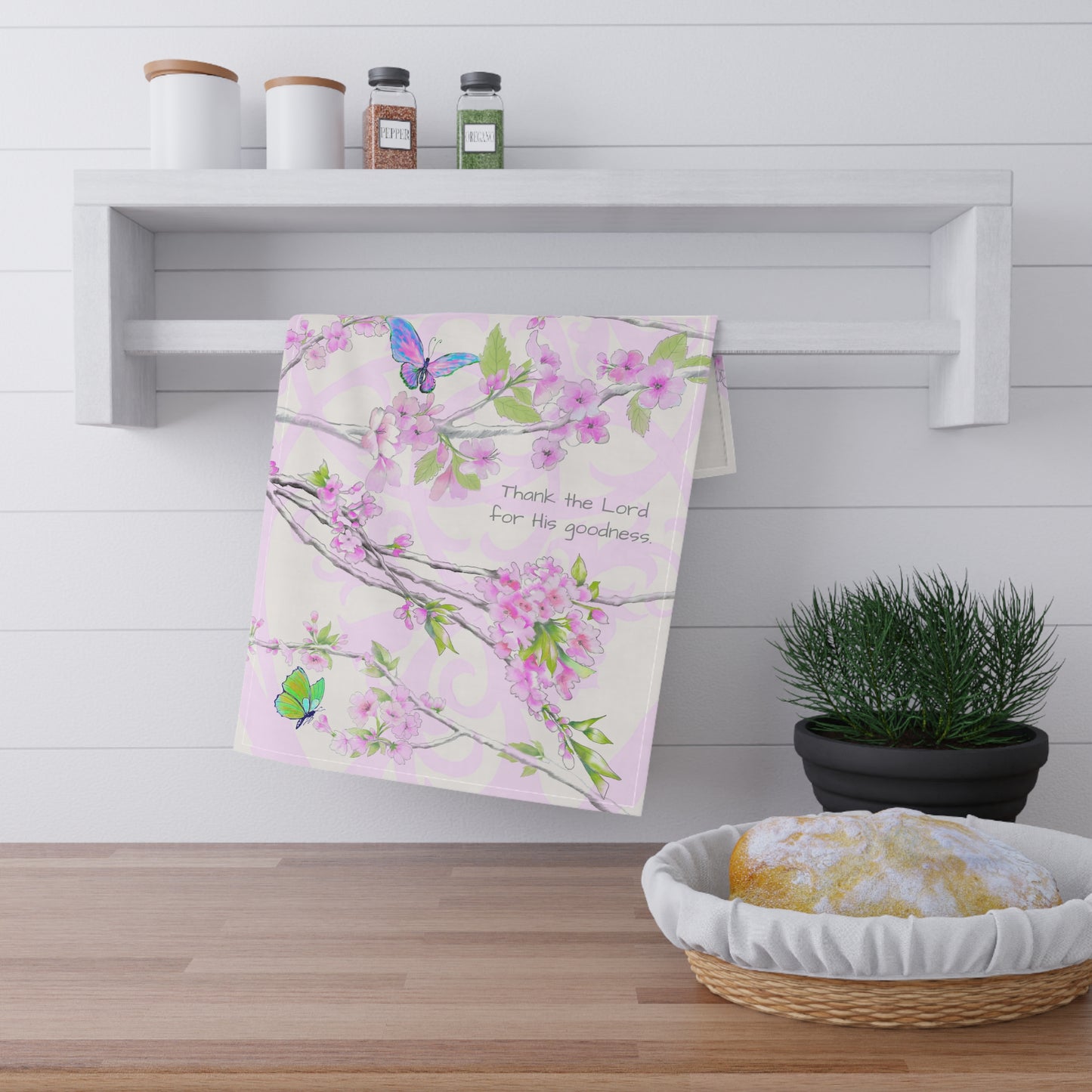 Cherry Blossom & Butterflies Tea Towels (cotton, poly) Thank the Lord for His goodness.