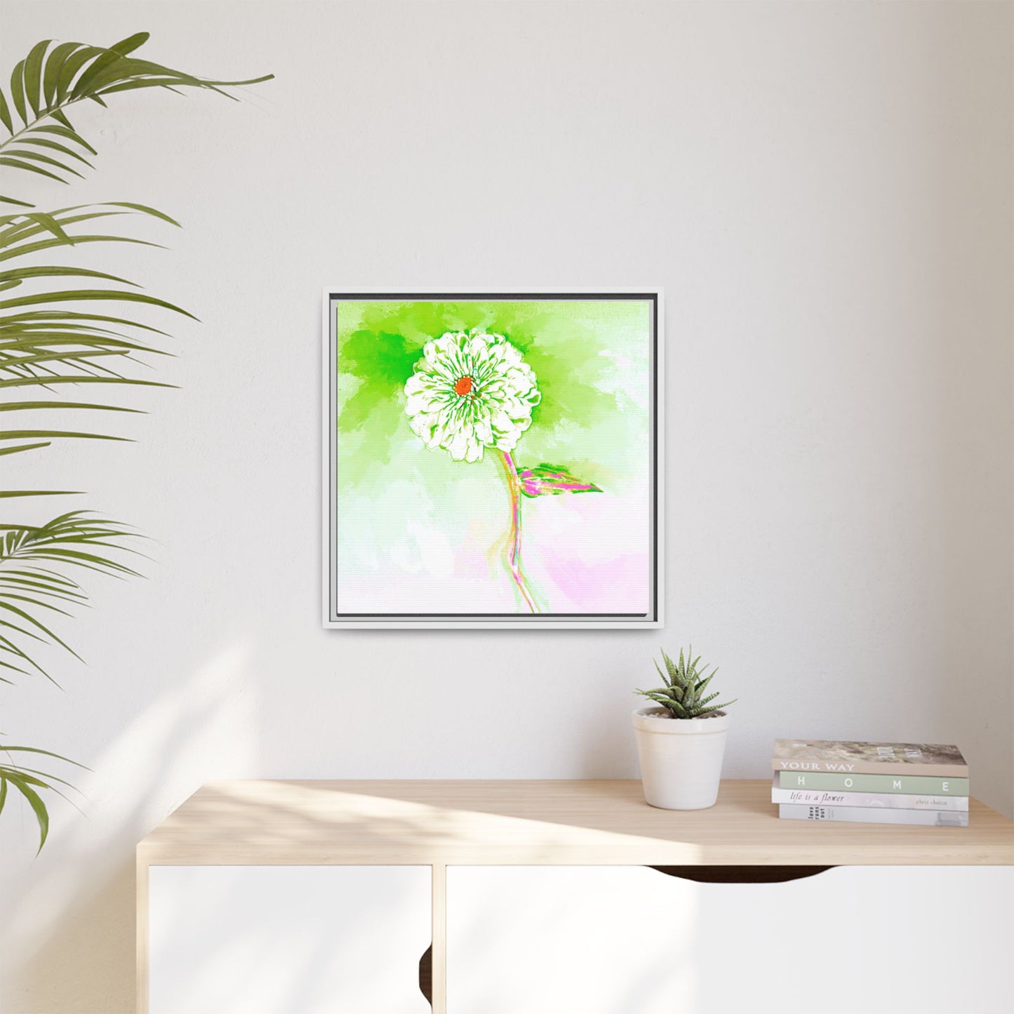 Zinnia Color Splash Matte Canvas Yellow Green Framed