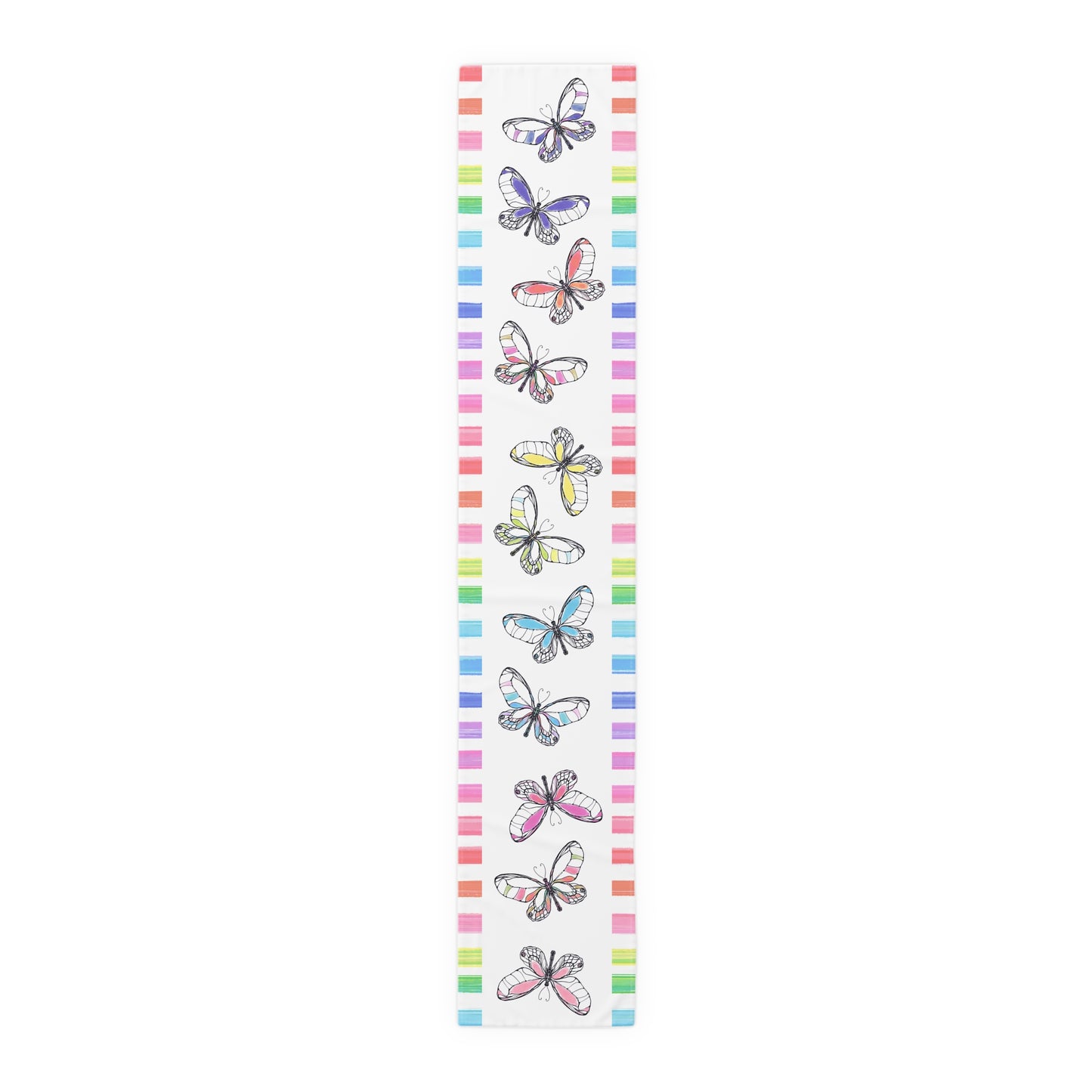 Butterfly Flutterstripe Table Runner in Multi-color with Checked Border 1 size ( 16" Γ 90") (available in Cotton " creamier" & Polyester "whiter"
