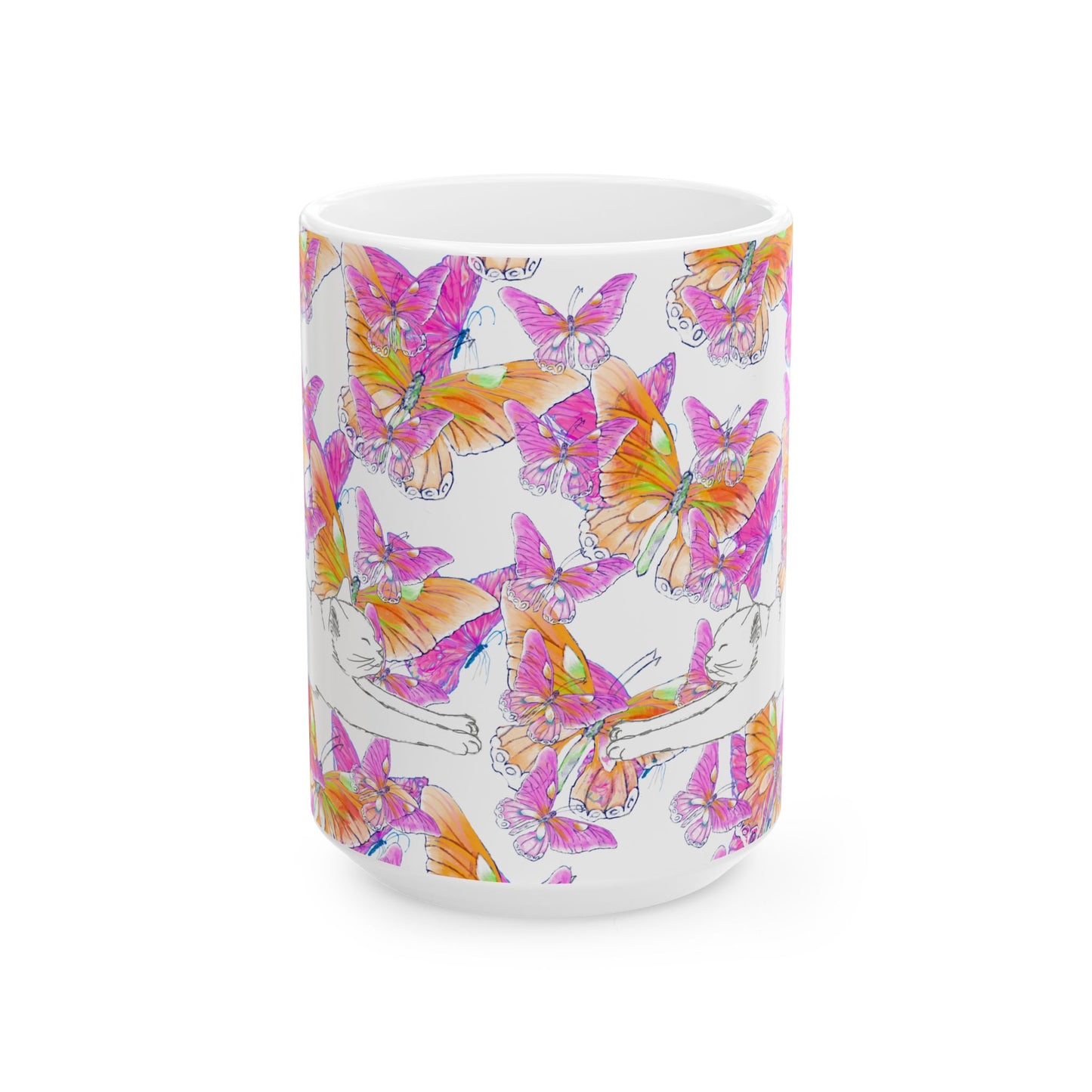 Kitty Flutter Ceramic Mug, Pink/Orange, (11oz, 15oz)