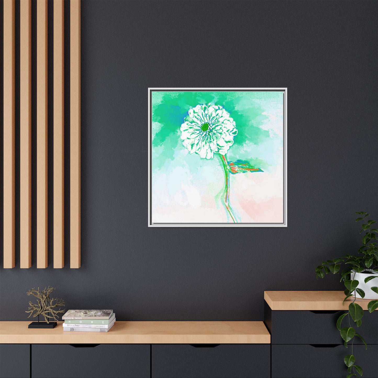 Zinnia Color Splash Matte Canvas Green Framed