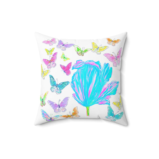 Dancing Tulips Butterflies Spun Polyester Square Pillow. Multi-Color Butterflies, Aqua Tulip