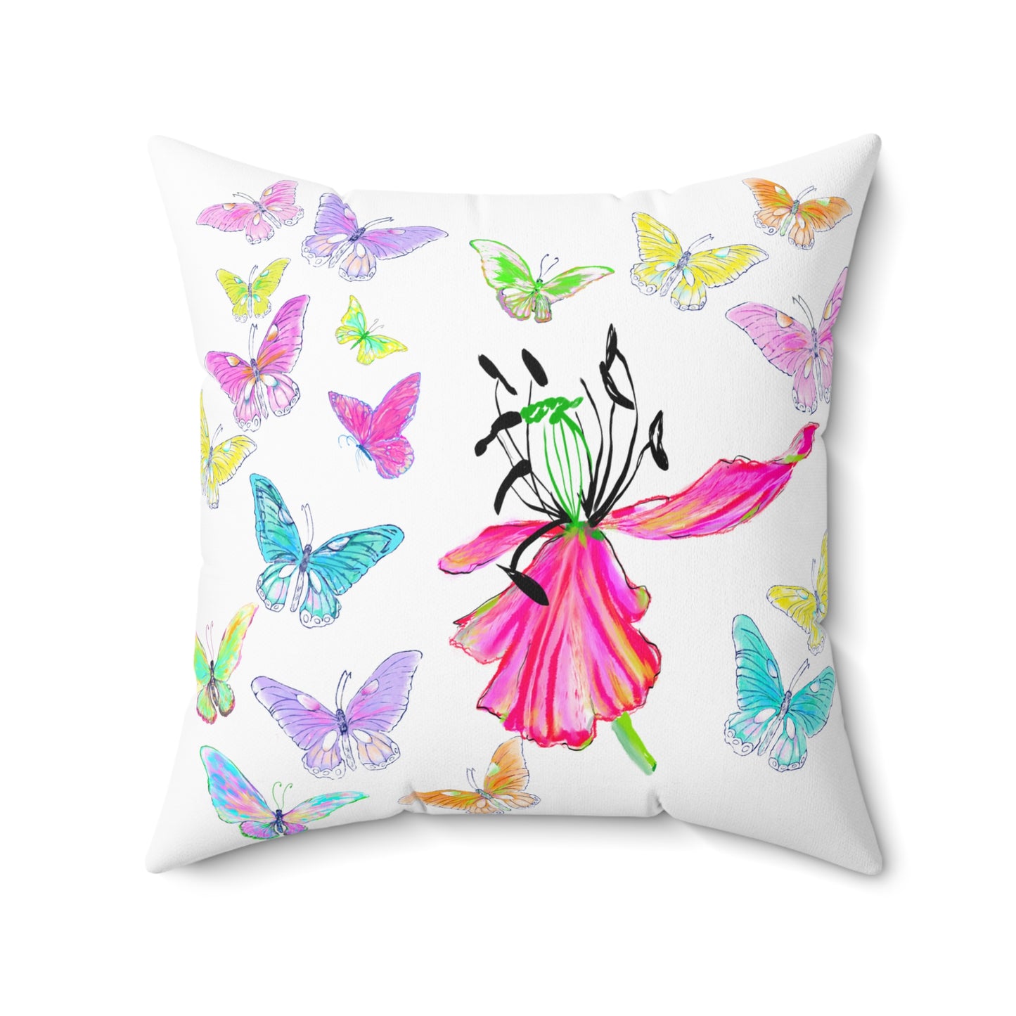 Dancing Tulips Butterflies Spun Polyester Square Pillow. Multi-Color Butterflies, Pink Tulip
